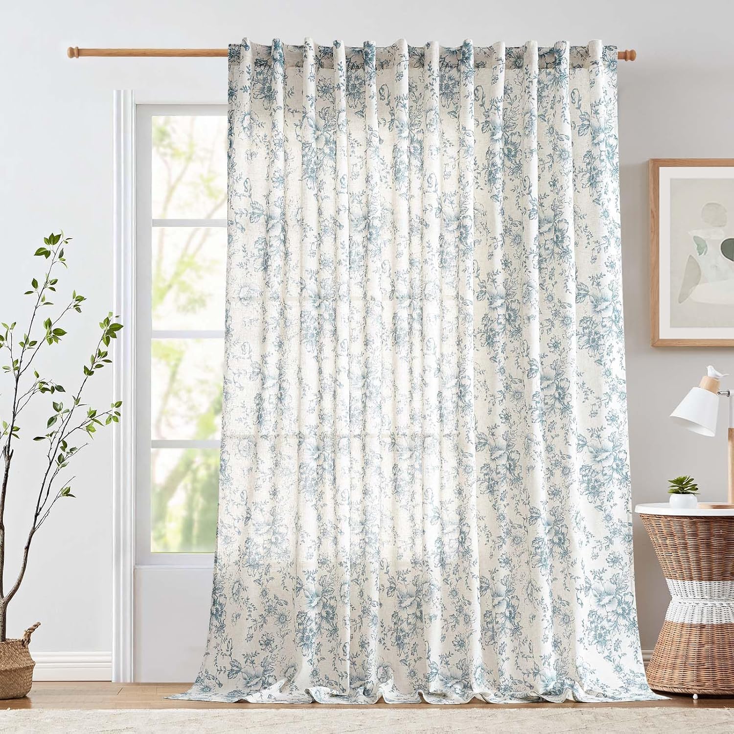 jinchan Linen Blend Curtain Floral Curtains for Living Room 108 Inch Length Black Printed Curtain Rod Pocket Back Tab Farmhouse Peony Flower Patterned Drapes Bedroom Window Curtains Set 2 Panels