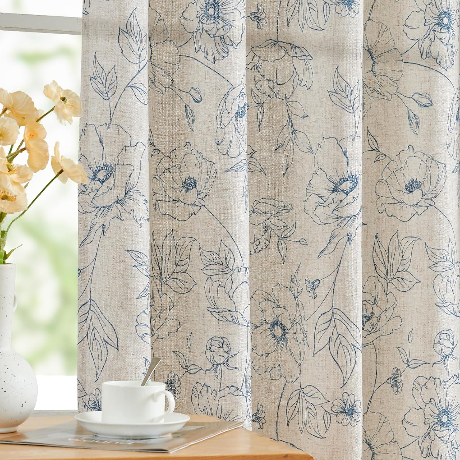 jinchan Linen Blend Curtain Floral Curtains for Living Room 108 Inch Length Black Printed Curtain Rod Pocket Back Tab Farmhouse Peony Flower Patterned Drapes Bedroom Window Curtains Set 2 Panels