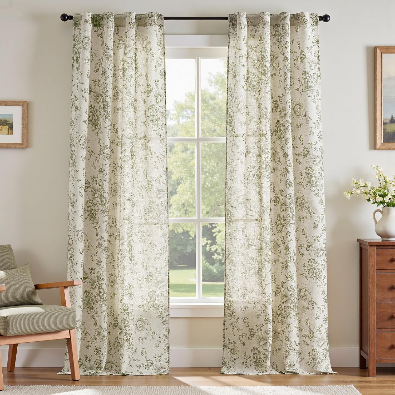 jinchan Linen Blend Curtain Floral Curtains for Living Room 108 Inch Length Black Printed Curtain Rod Pocket Back Tab Farmhouse Peony Flower Patterned Drapes Bedroom Window Curtains Set 2 Panels