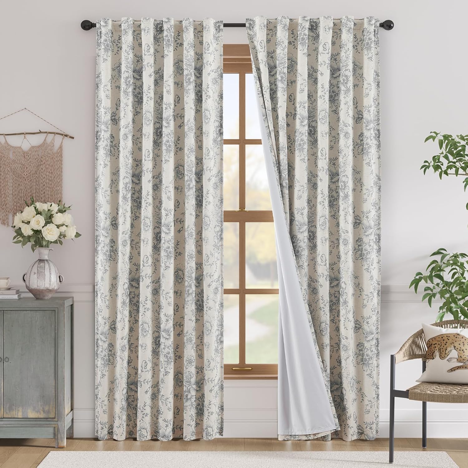 jinchan Linen Blend Curtain Floral Curtains for Living Room 108 Inch Length Black Printed Curtain Rod Pocket Back Tab Farmhouse Peony Flower Patterned Drapes Bedroom Window Curtains Set 2 Panels