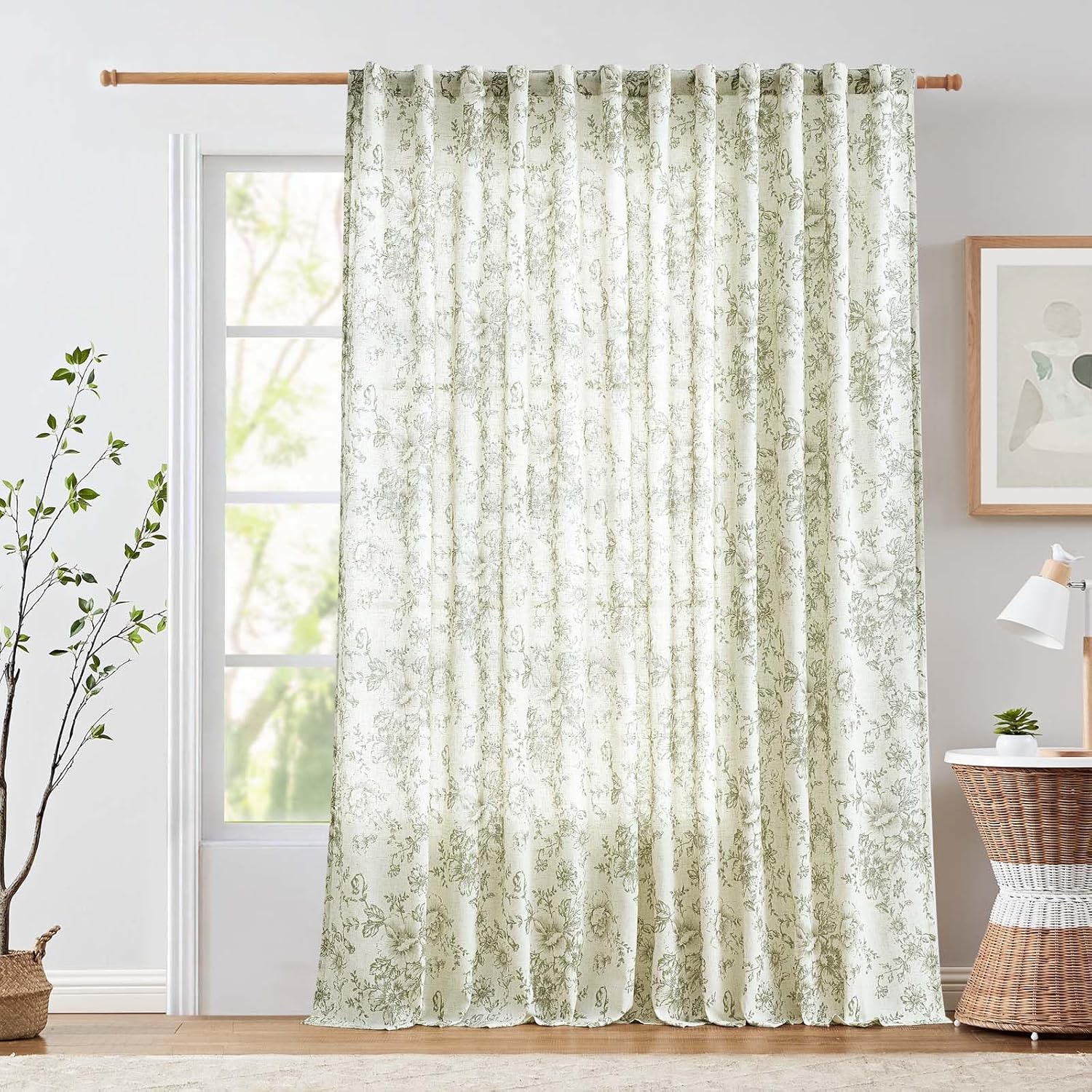jinchan Linen Blend Curtain Floral Curtains for Living Room 108 Inch Length Black Printed Curtain Rod Pocket Back Tab Farmhouse Peony Flower Patterned Drapes Bedroom Window Curtains Set 2 Panels