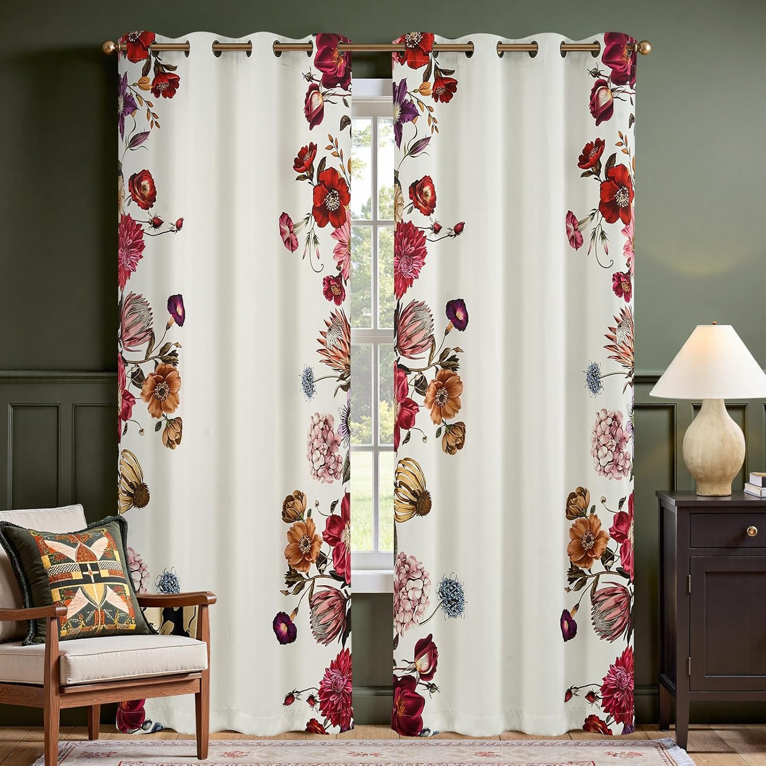 jinchan Lora Floral Curtains for Bedroom Blackout Drapes for Living Room Darkening Fabric Fall Decor Winter Vintage Flower Pattern Printed Window Curtains 84 Inches Length 2 Panels with Grommet Black