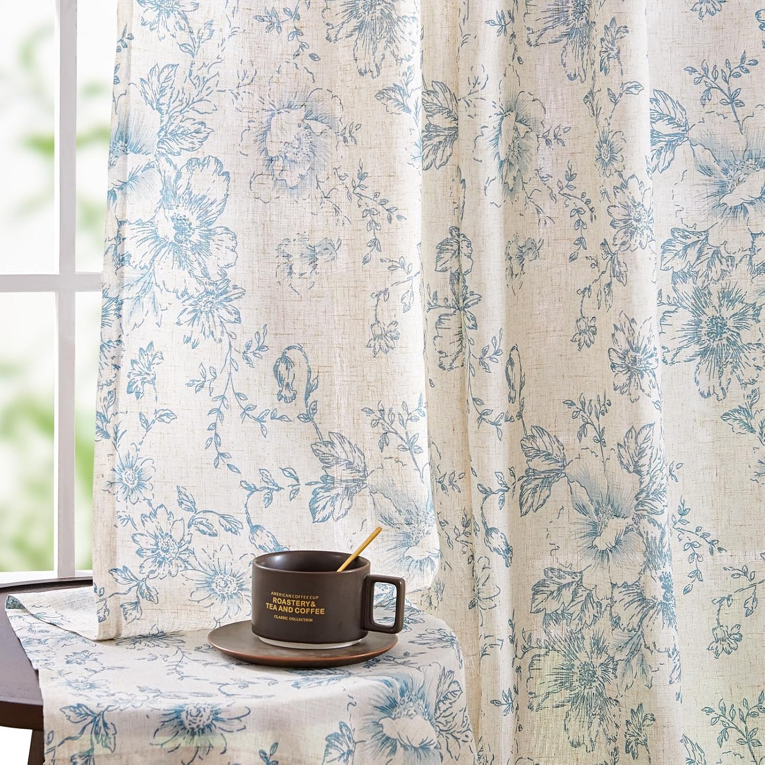 jinchan Linen Blend Curtain Floral Curtains for Living Room 108 Inch Length Black Printed Curtain Rod Pocket Back Tab Farmhouse Peony Flower Patterned Drapes Bedroom Window Curtains Set 2 Panels