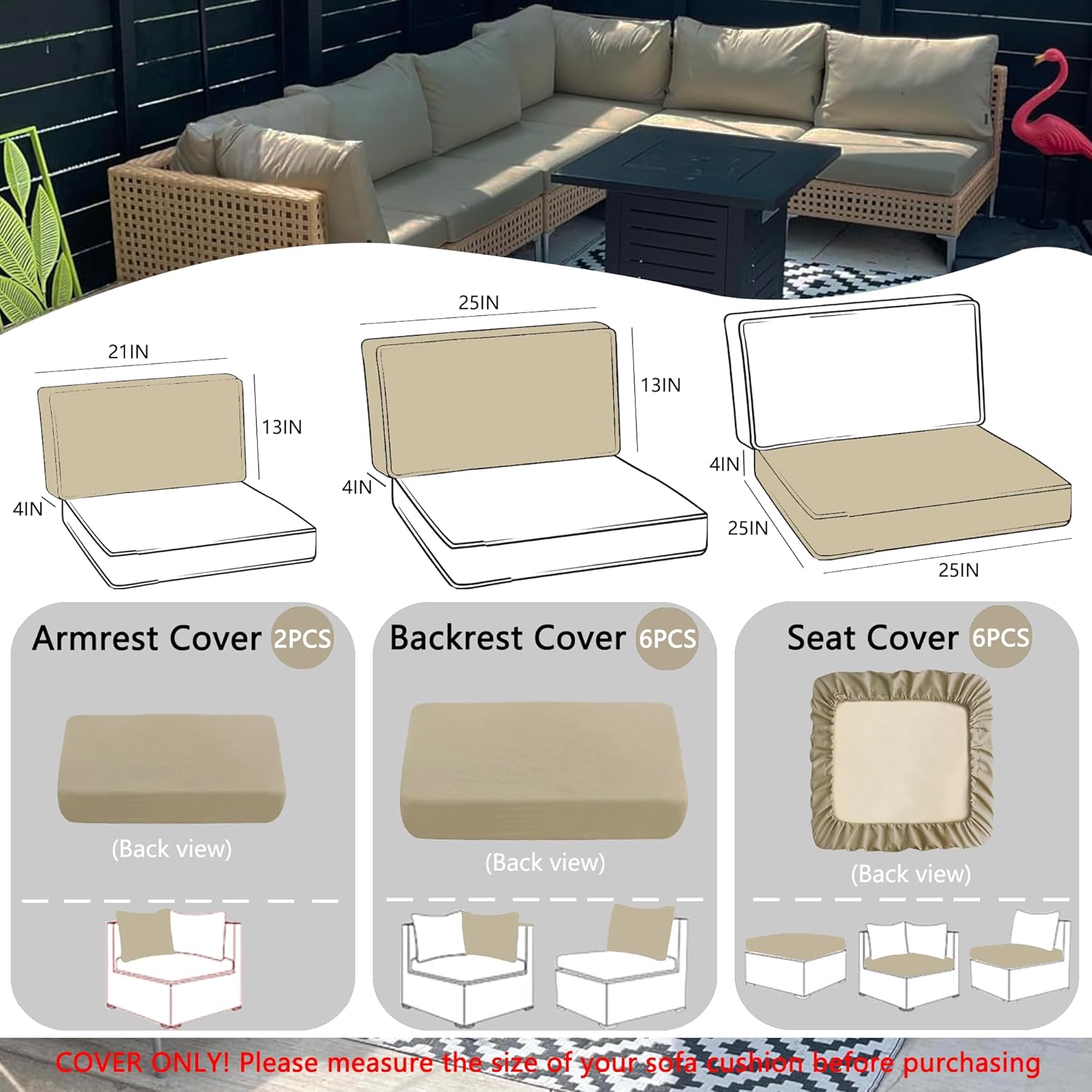 Sqodok Outdoor Cushion Covers 14Pcs Patio Cushion Slipcovers, Replacement Waterproof for 6-Seaters Sofa, Outdoor Furniture Cushion Slipcovers Set Seat and Back, Covers Only, Tan