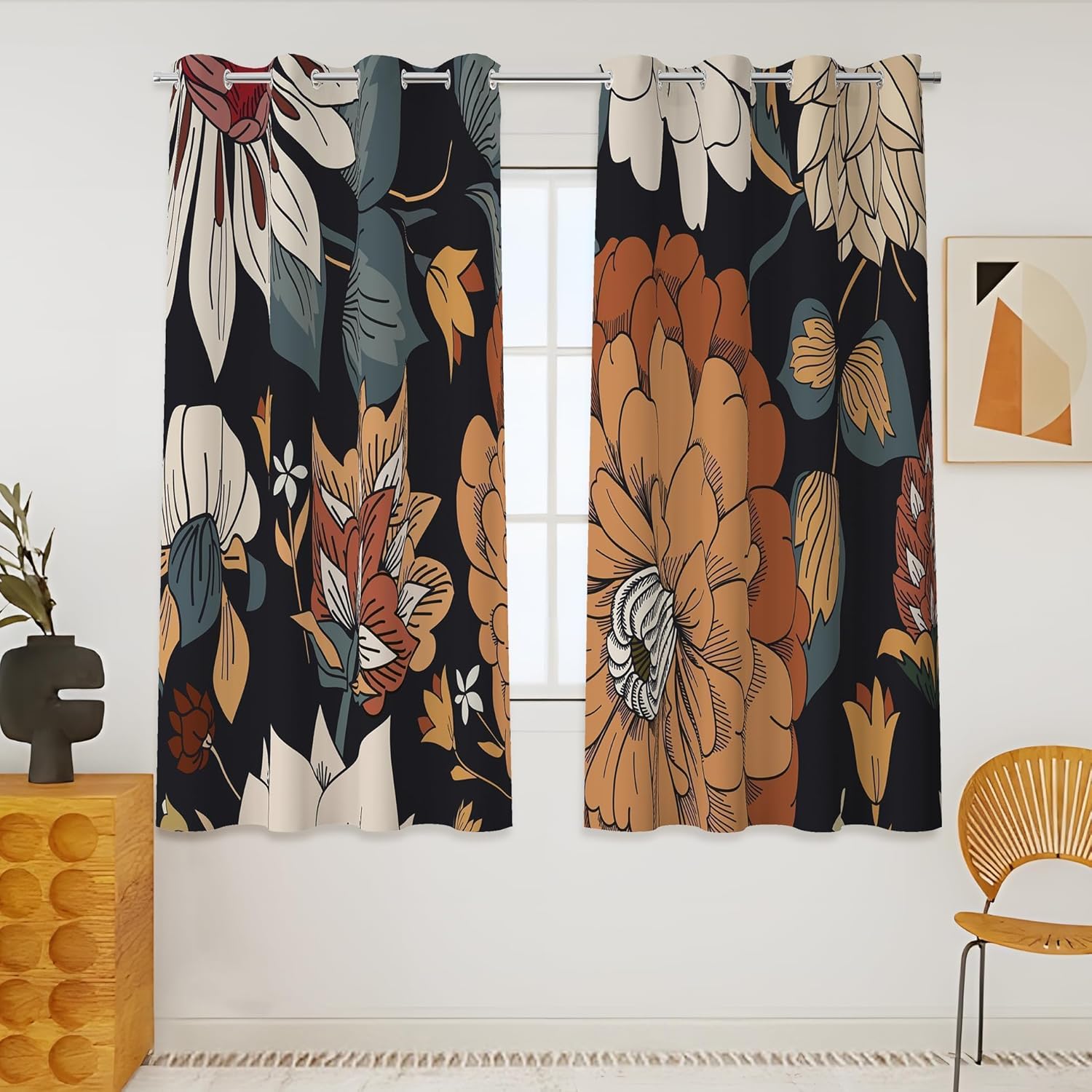 Black Boho Floral 100% Blackout Curtains for Bedroom 96 inch Long 2 Panels Mid Century Botanical Black Out Curtains for Living Room Grommet Thermal Insulated Room Darkening Window Drapes,52Wx96L