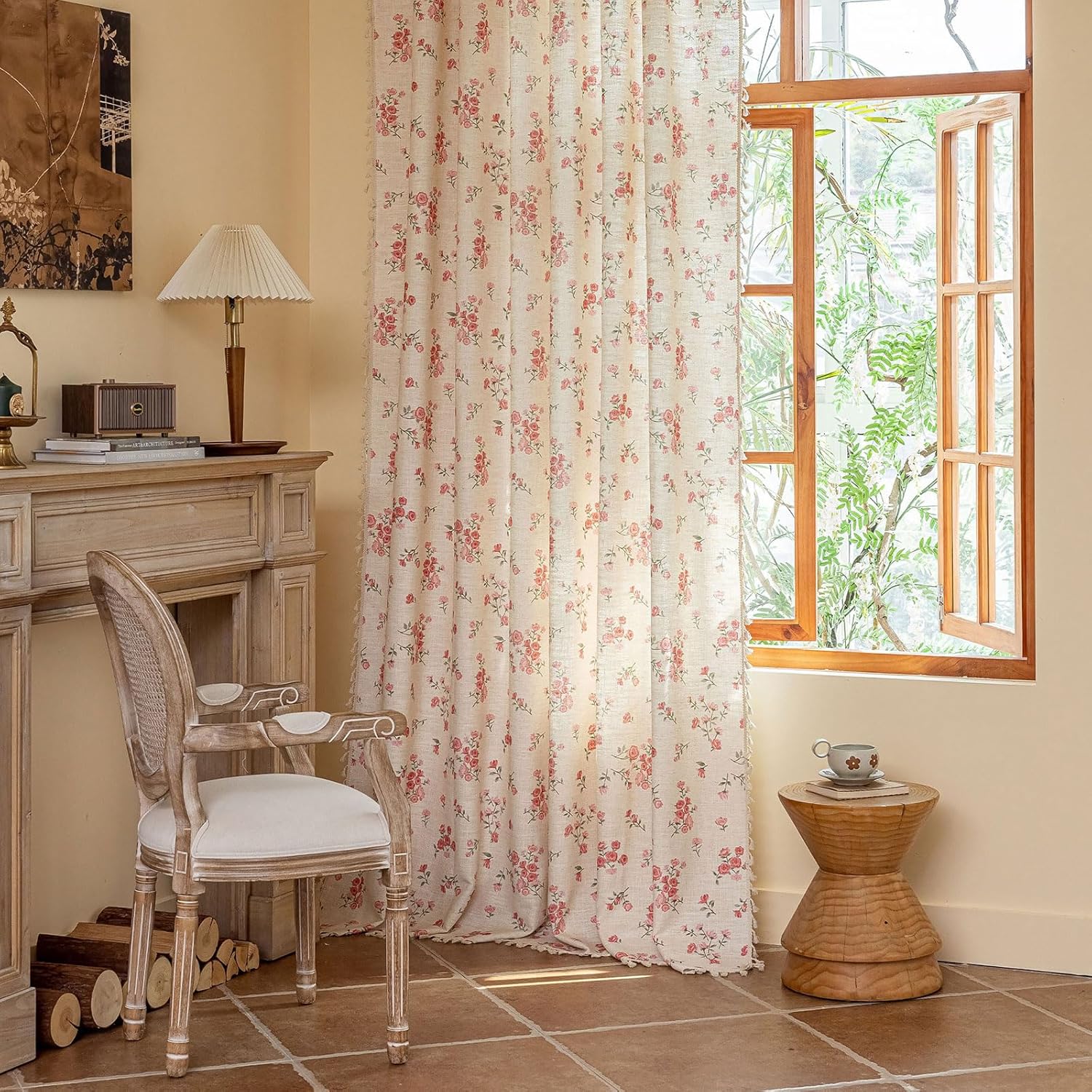 ENJOYBRIDAL Floral Bedroom Curtains 84 Inch Length 2 Panels Set Farmhouse Semi Sheer Living Room Drapes Cotton Linen Blend Bohemian Window Curtain Panels with Tassel Beige Rod Pocket Drapes