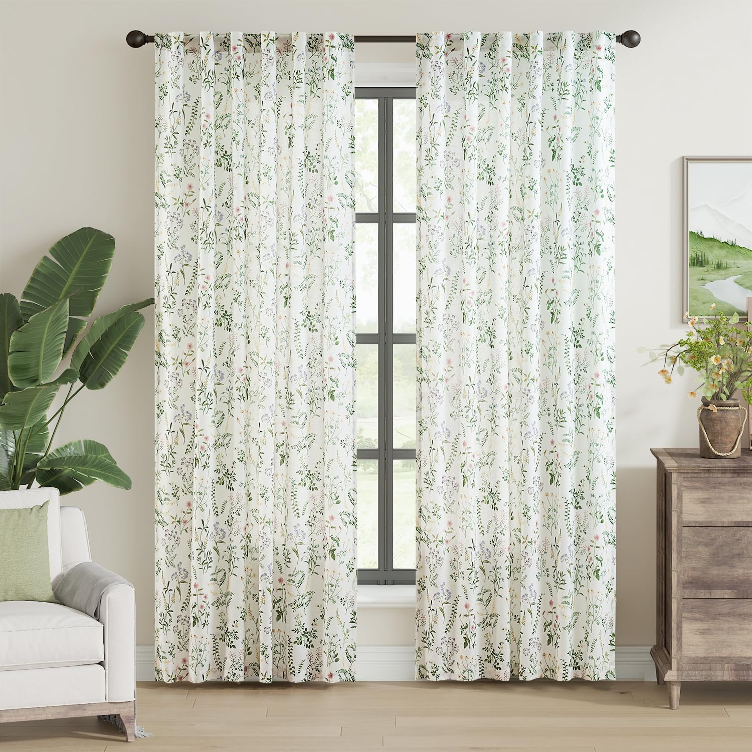 jinchan Linen Blend Curtain Floral Curtains for Living Room 108 Inch Length Black Printed Curtain Rod Pocket Back Tab Farmhouse Peony Flower Patterned Drapes Bedroom Window Curtains Set 2 Panels