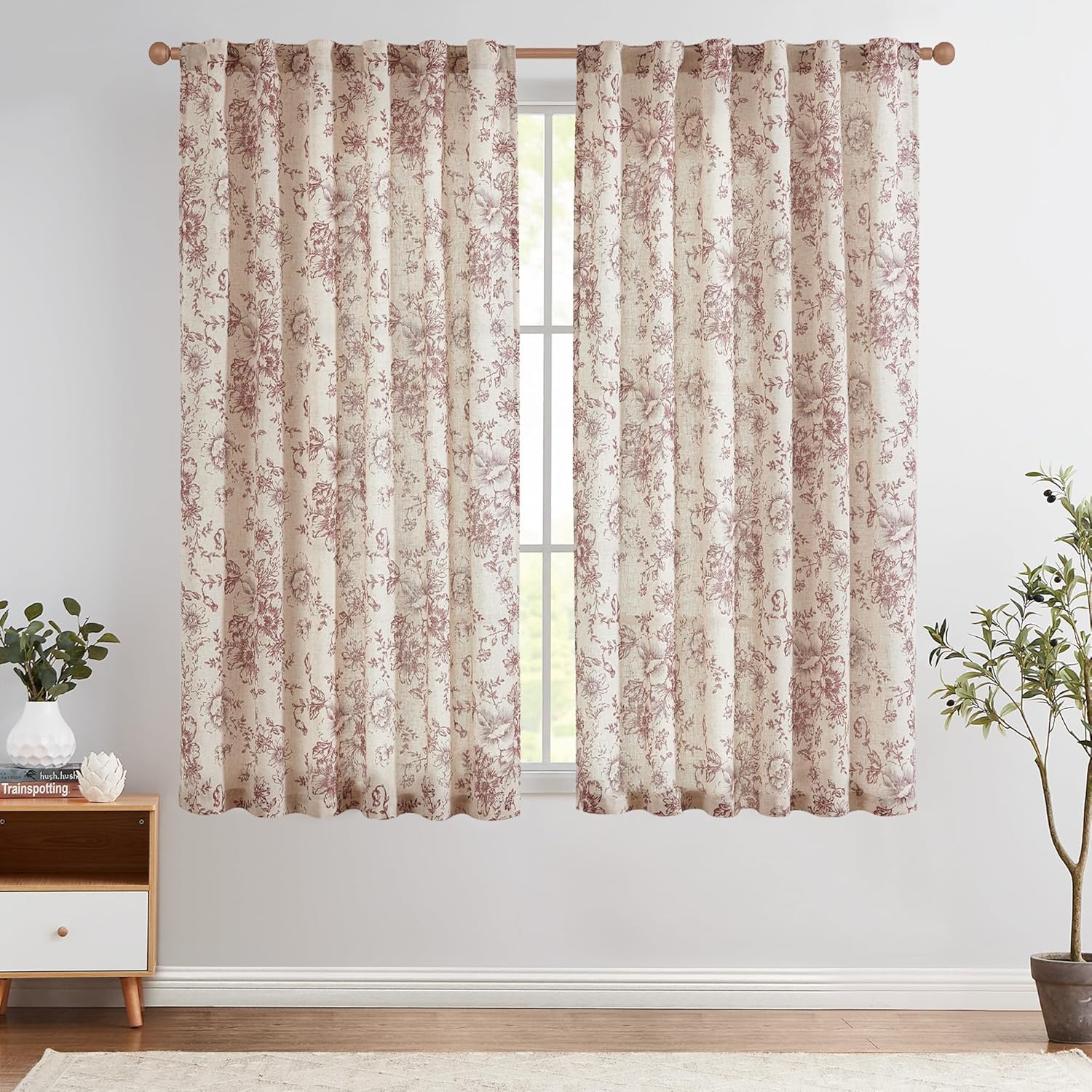jinchan Linen Blend Curtain Floral Curtains for Living Room 108 Inch Length Black Printed Curtain Rod Pocket Back Tab Farmhouse Peony Flower Patterned Drapes Bedroom Window Curtains Set 2 Panels