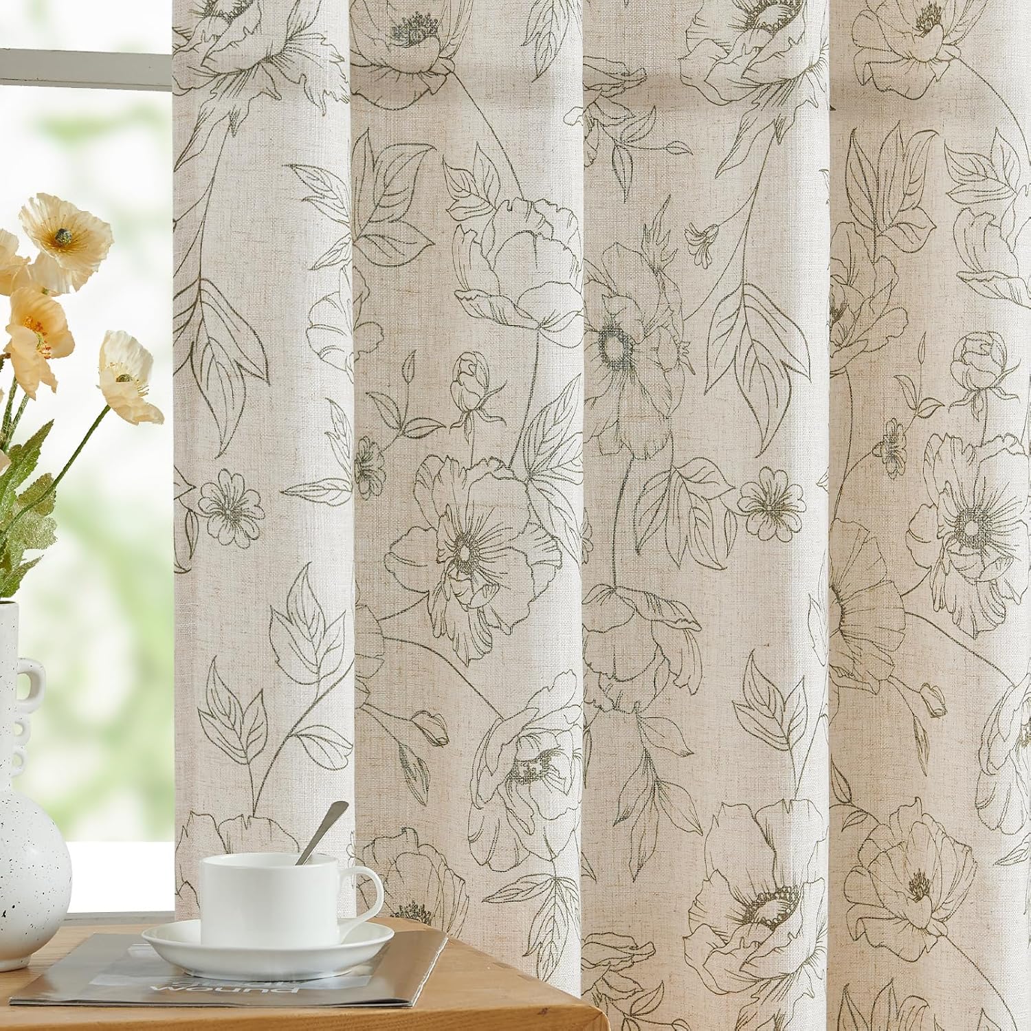 jinchan Linen Blend Curtain Floral Curtains for Living Room 108 Inch Length Black Printed Curtain Rod Pocket Back Tab Farmhouse Peony Flower Patterned Drapes Bedroom Window Curtains Set 2 Panels