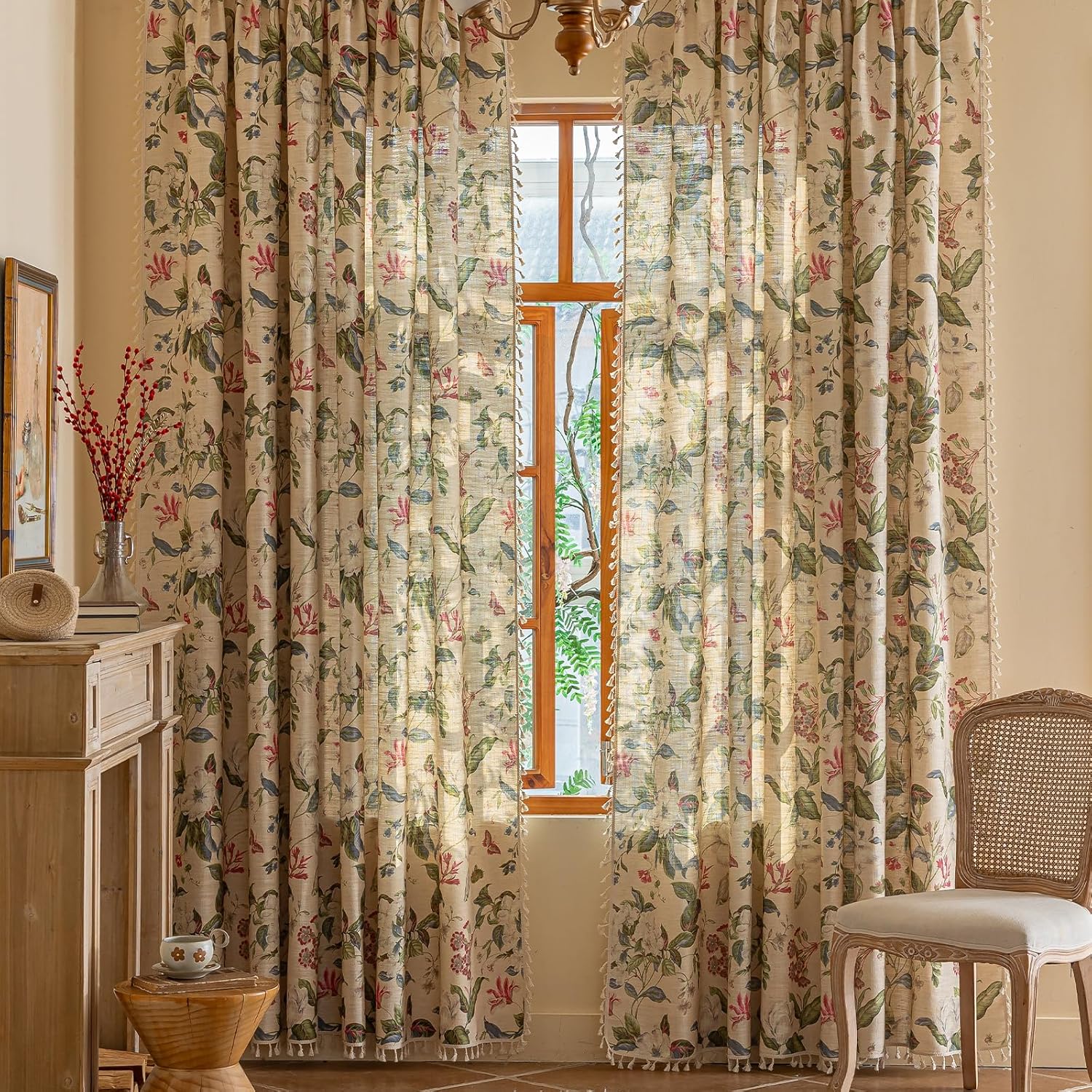 ENJOYBRIDAL Floral Bedroom Curtains 84 Inch Length 2 Panels Set Farmhouse Semi Sheer Living Room Drapes Cotton Linen Blend Bohemian Window Curtain Panels with Tassel Beige Rod Pocket Drapes