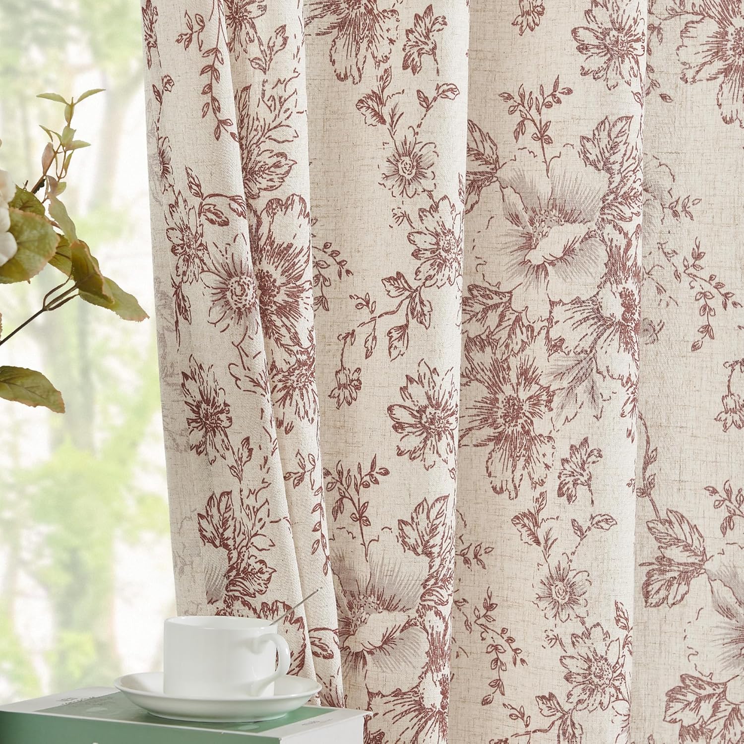 jinchan Linen Blend Curtain Floral Curtains for Living Room 108 Inch Length Black Printed Curtain Rod Pocket Back Tab Farmhouse Peony Flower Patterned Drapes Bedroom Window Curtains Set 2 Panels