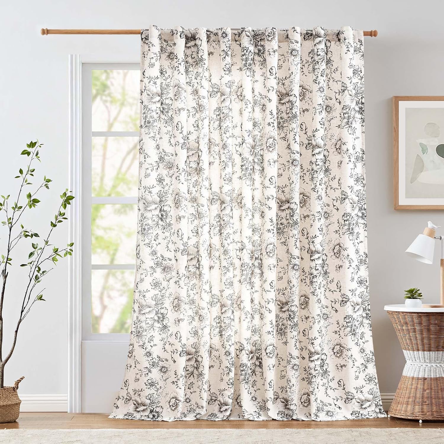 jinchan Linen Blend Curtain Floral Curtains for Living Room 108 Inch Length Black Printed Curtain Rod Pocket Back Tab Farmhouse Peony Flower Patterned Drapes Bedroom Window Curtains Set 2 Panels