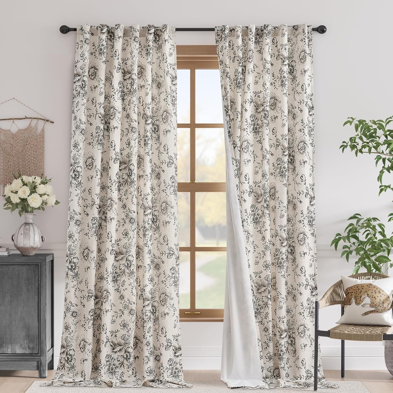 jinchan Linen Blend Curtain Floral Curtains for Living Room 108 Inch Length Black Printed Curtain Rod Pocket Back Tab Farmhouse Peony Flower Patterned Drapes Bedroom Window Curtains Set 2 Panels