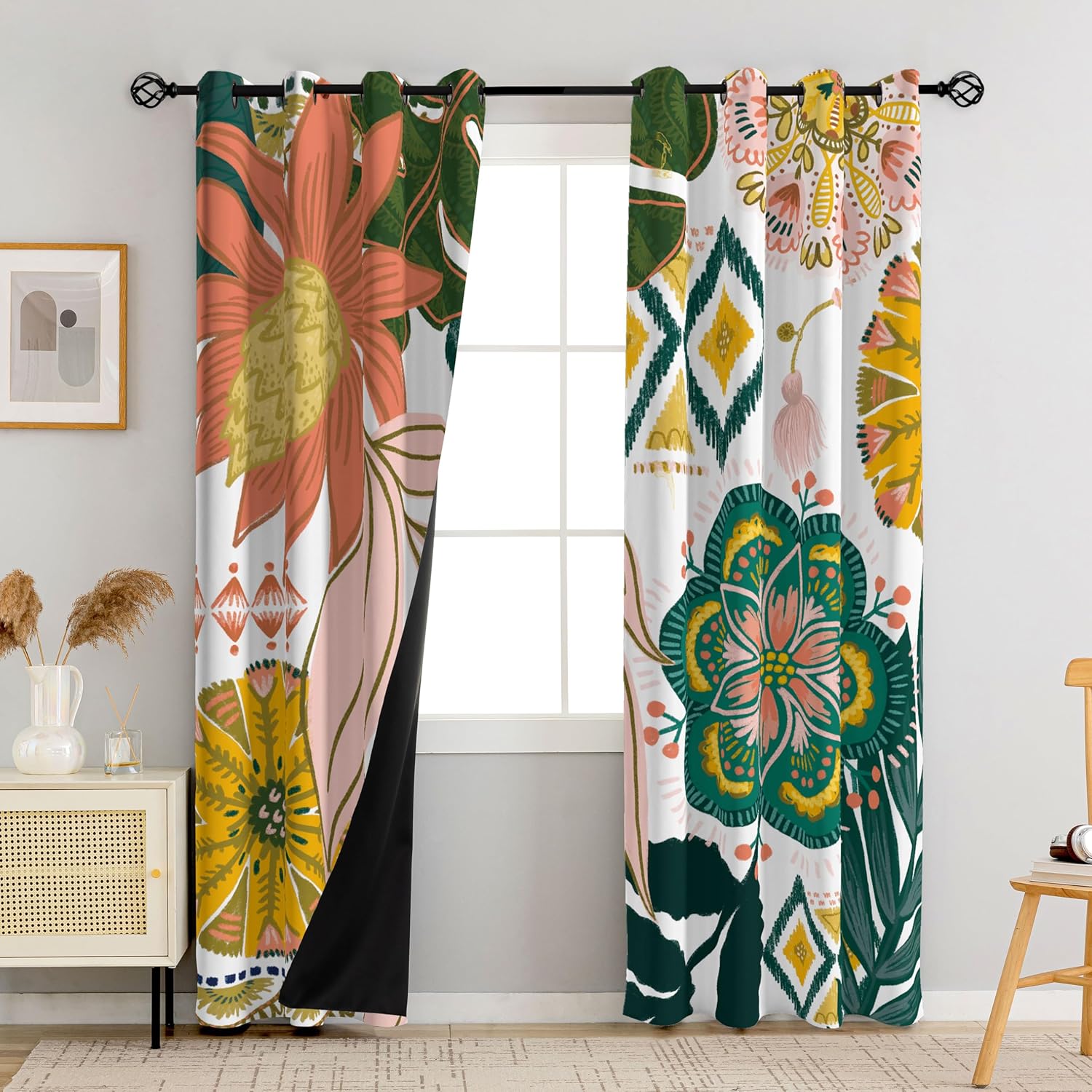 Black Boho Floral 100% Blackout Curtains for Bedroom 96 inch Long 2 Panels Mid Century Botanical Black Out Curtains for Living Room Grommet Thermal Insulated Room Darkening Window Drapes,52Wx96L