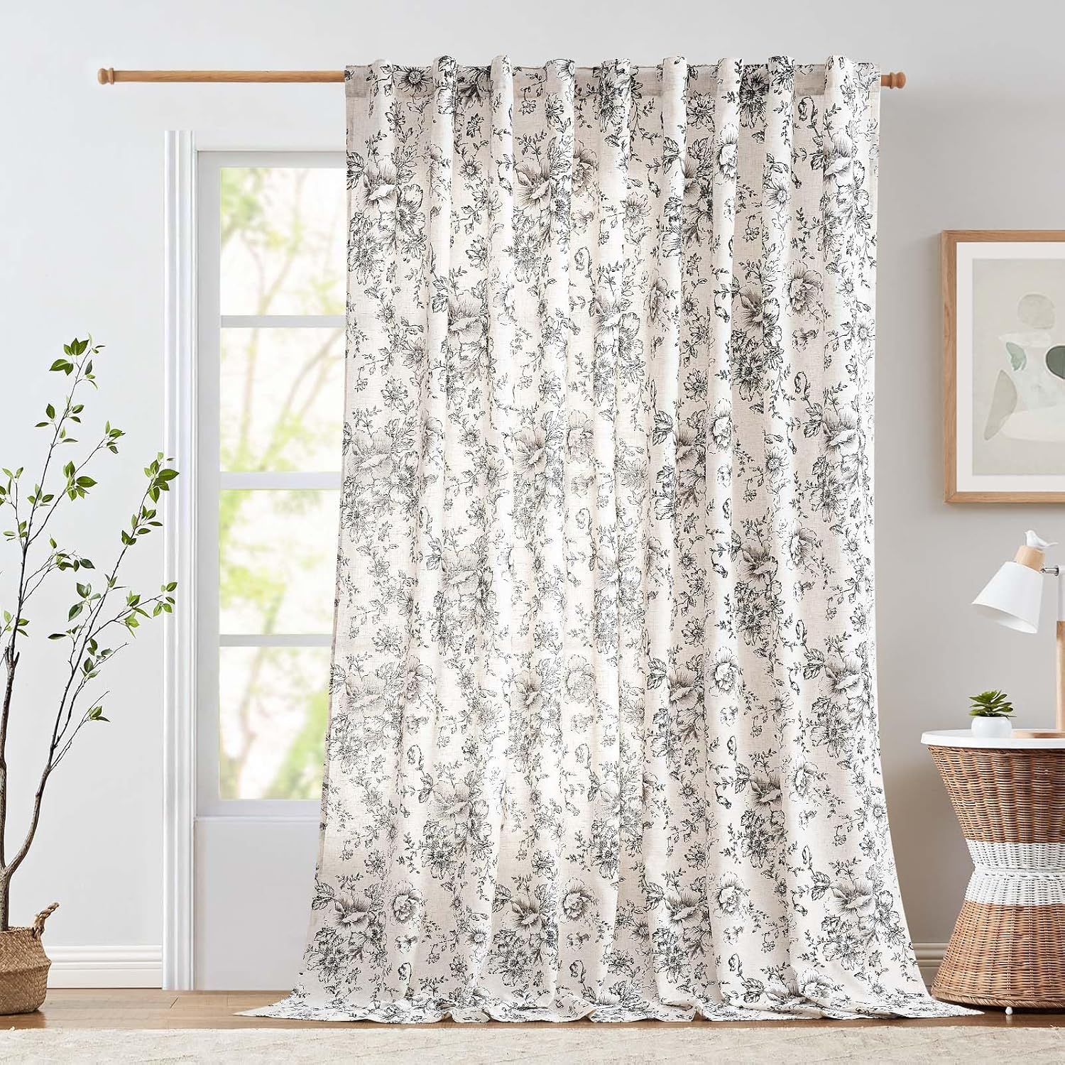 jinchan Linen Blend Curtain Floral Curtains for Living Room 108 Inch Length Black Printed Curtain Rod Pocket Back Tab Farmhouse Peony Flower Patterned Drapes Bedroom Window Curtains Set 2 Panels