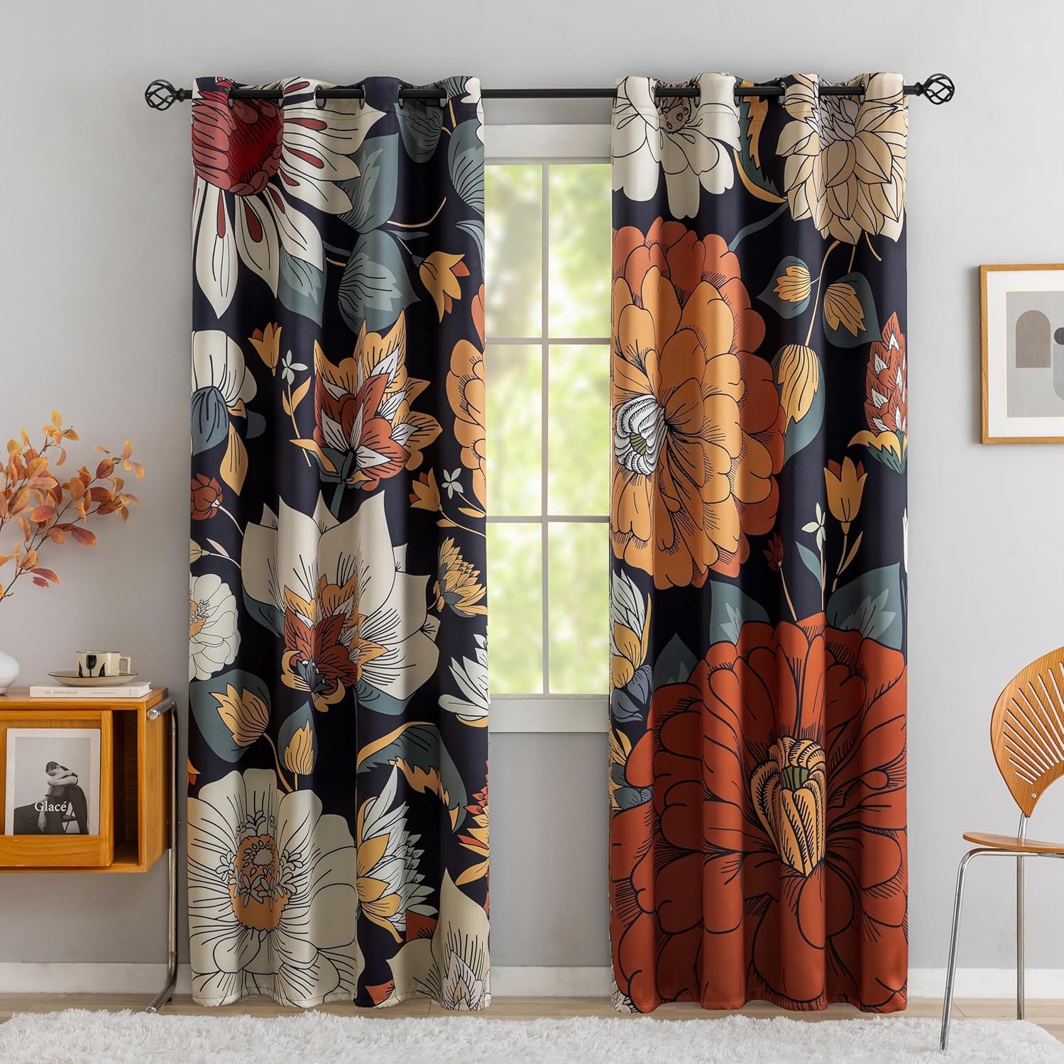 Black Boho Floral 100% Blackout Curtains for Bedroom 96 inch Long 2 Panels Mid Century Botanical Black Out Curtains for Living Room Grommet Thermal Insulated Room Darkening Window Drapes,52Wx96L