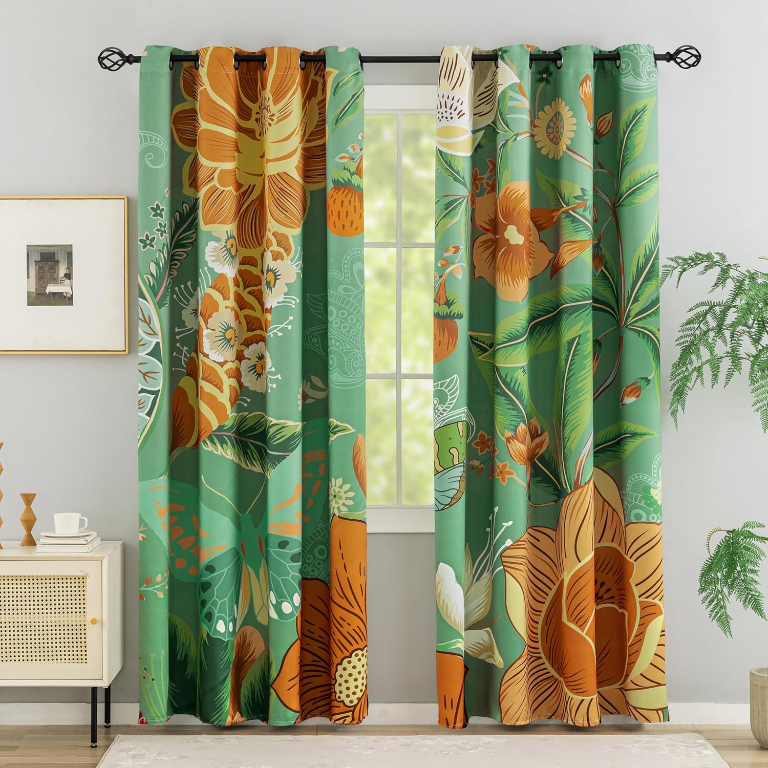 Black Boho Floral 100% Blackout Curtains for Bedroom 96 inch Long 2 Panels Mid Century Botanical Black Out Curtains for Living Room Grommet Thermal Insulated Room Darkening Window Drapes,52Wx96L