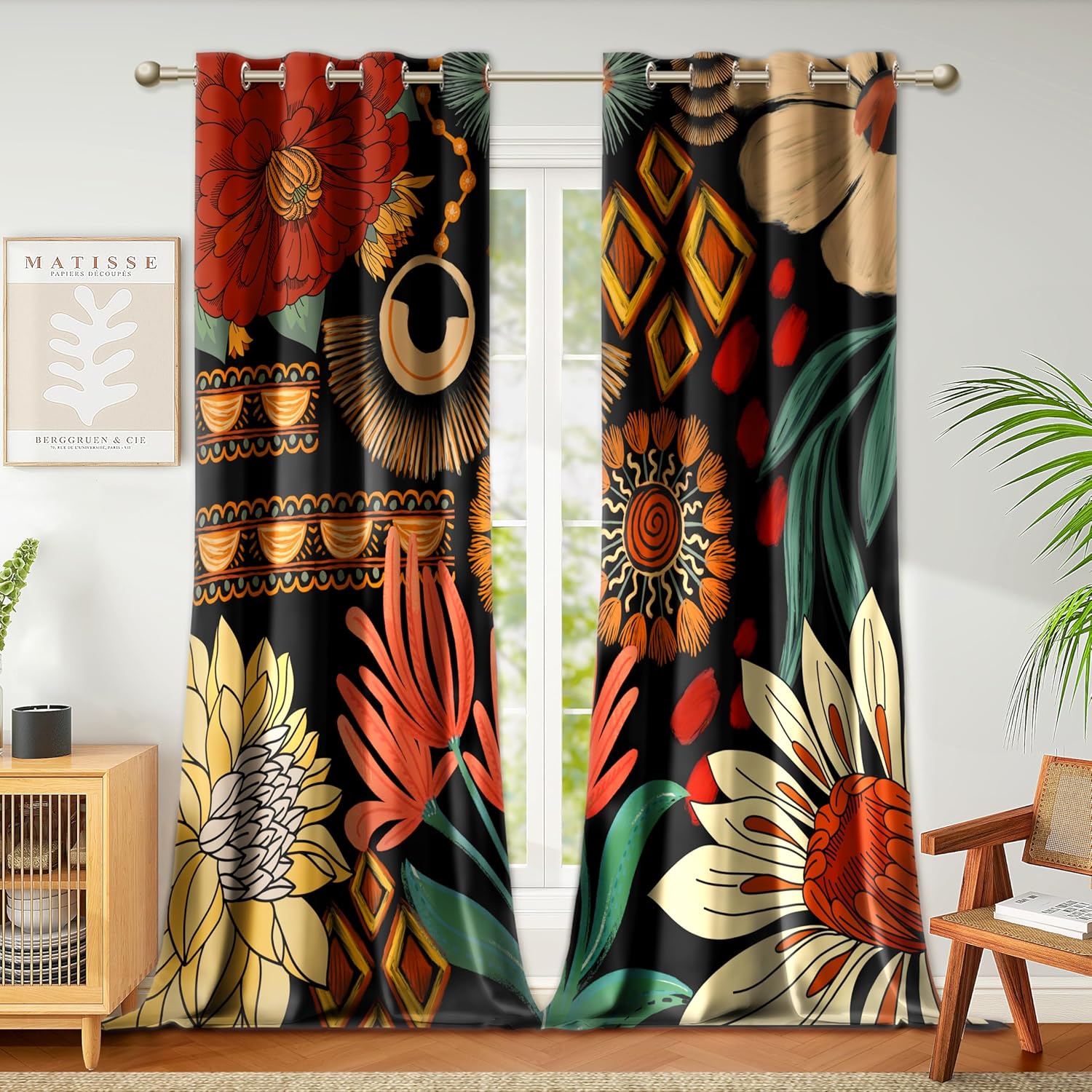 Black Boho Floral 100% Blackout Curtains for Bedroom 96 inch Long 2 Panels Mid Century Botanical Black Out Curtains for Living Room Grommet Thermal Insulated Room Darkening Window Drapes,52Wx96L