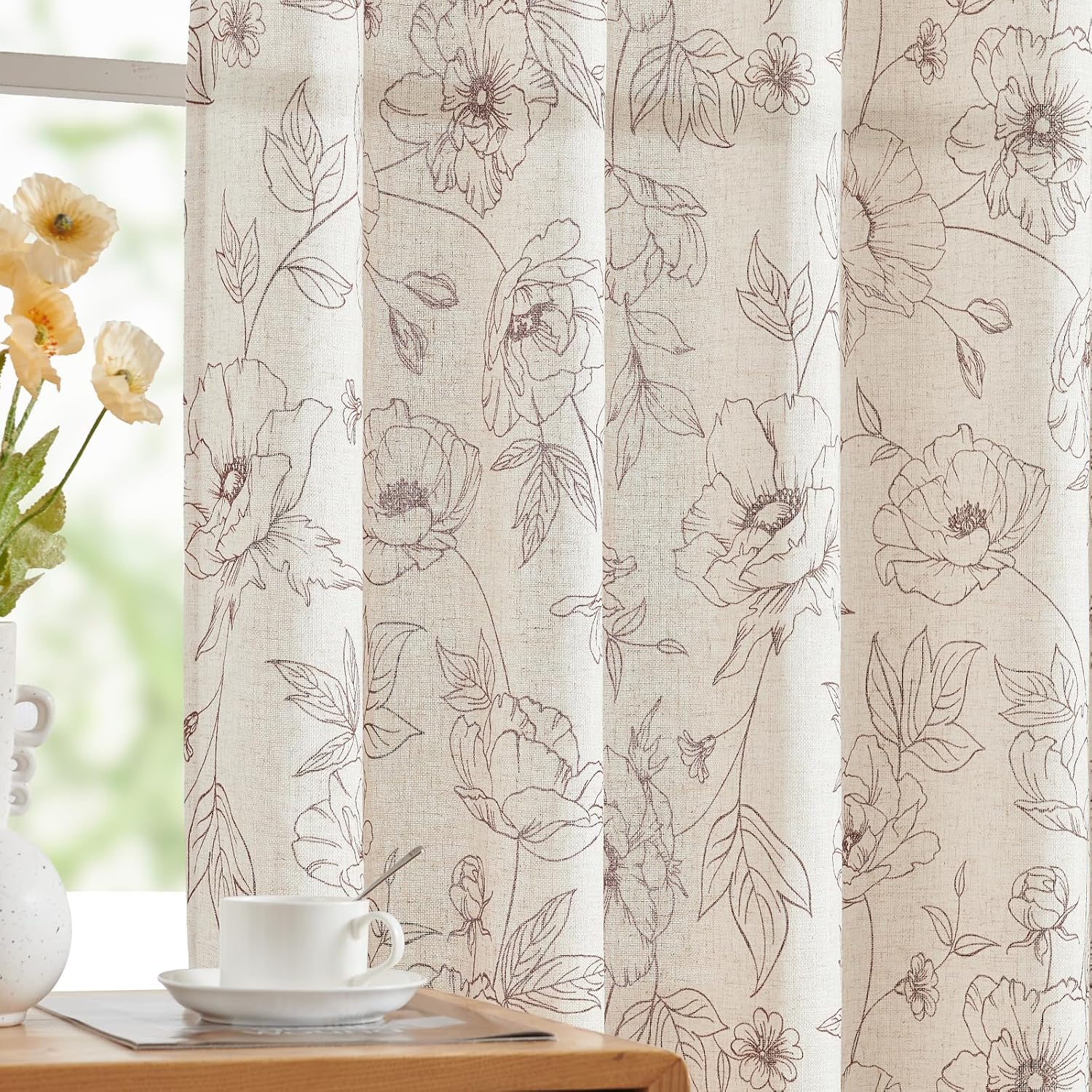 jinchan Linen Blend Curtain Floral Curtains for Living Room 108 Inch Length Black Printed Curtain Rod Pocket Back Tab Farmhouse Peony Flower Patterned Drapes Bedroom Window Curtains Set 2 Panels
