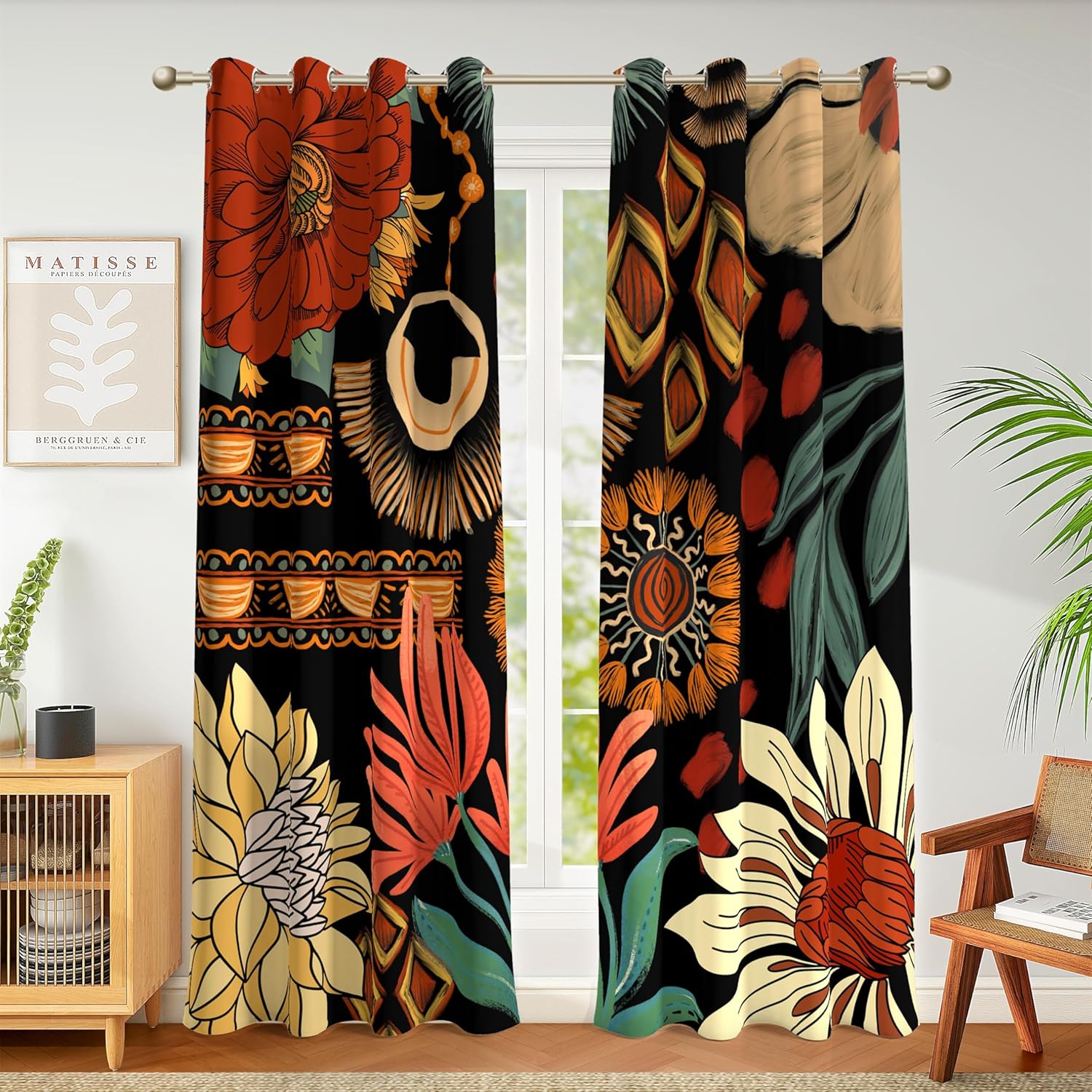 Black Boho Floral 100% Blackout Curtains for Bedroom 96 inch Long 2 Panels Mid Century Botanical Black Out Curtains for Living Room Grommet Thermal Insulated Room Darkening Window Drapes,52Wx96L