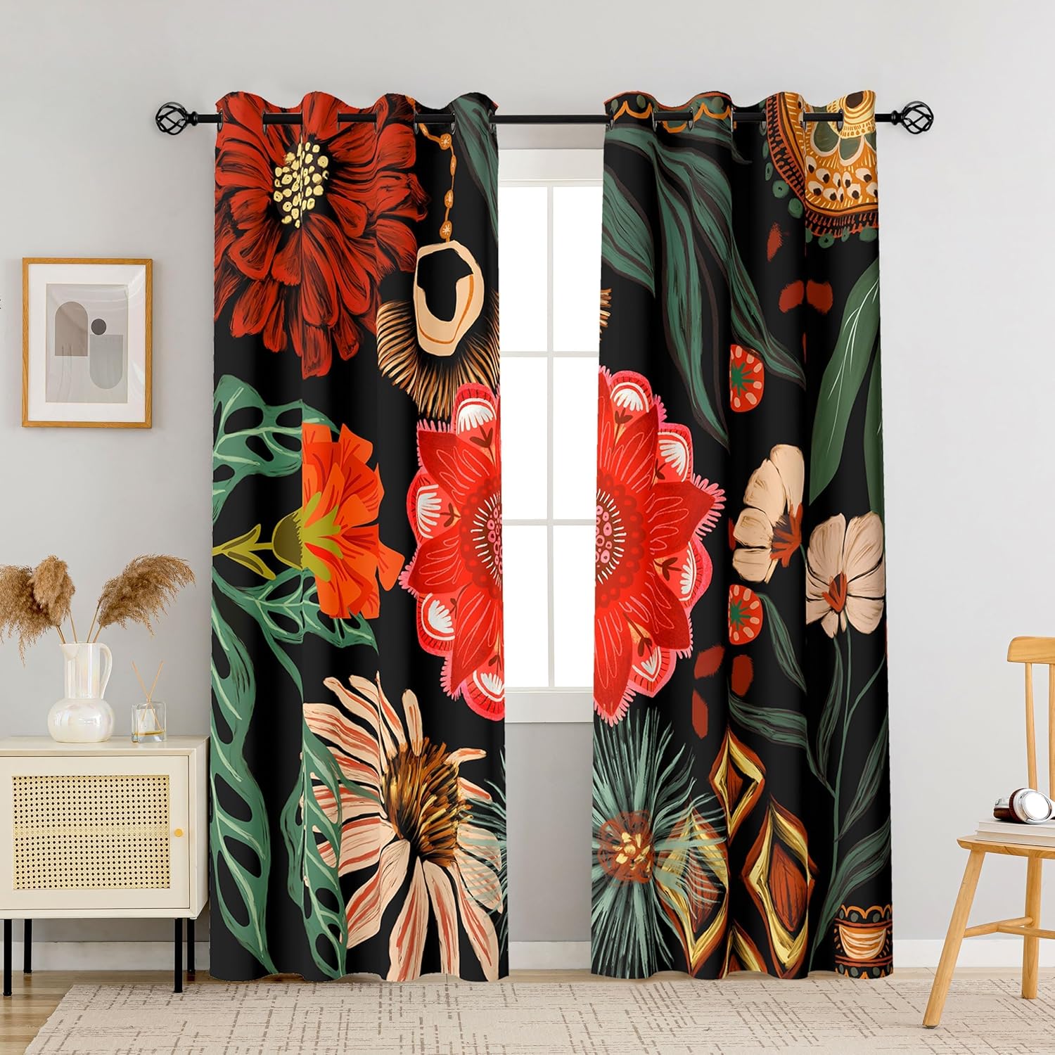Black Boho Floral 100% Blackout Curtains for Bedroom 96 inch Long 2 Panels Mid Century Botanical Black Out Curtains for Living Room Grommet Thermal Insulated Room Darkening Window Drapes,52Wx96L