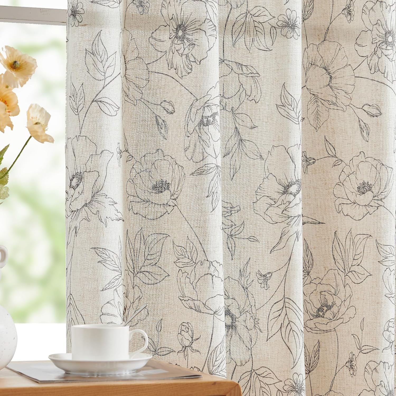 jinchan Linen Blend Curtain Floral Curtains for Living Room 108 Inch Length Black Printed Curtain Rod Pocket Back Tab Farmhouse Peony Flower Patterned Drapes Bedroom Window Curtains Set 2 Panels