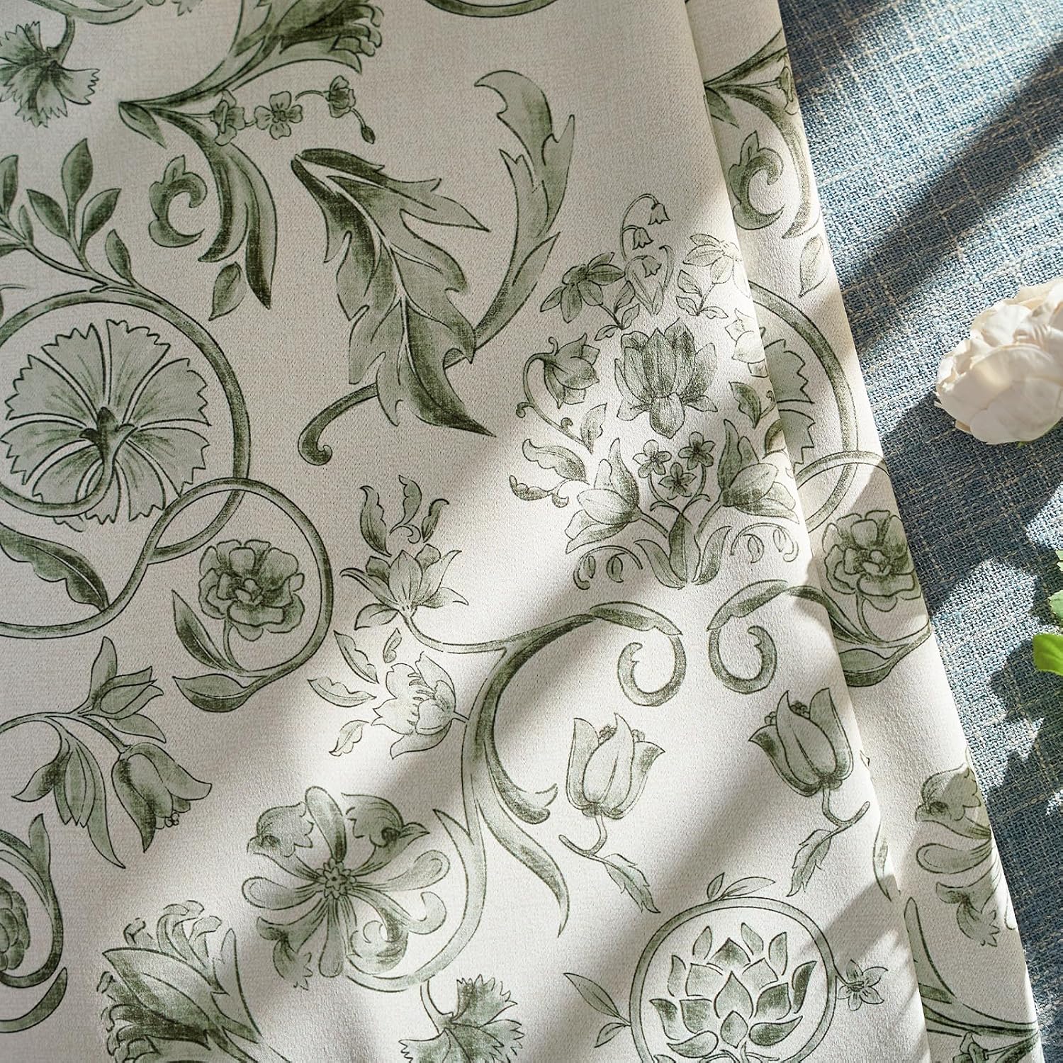 jinchan Floral Blackout Curtains for Bedroom Living Room 84 Inches Length Farmhouse Curtains Room Darkening Vintage Drapes Traditional Rod Pocket Window Treatment 2 Panels Set Sage Green on Beige