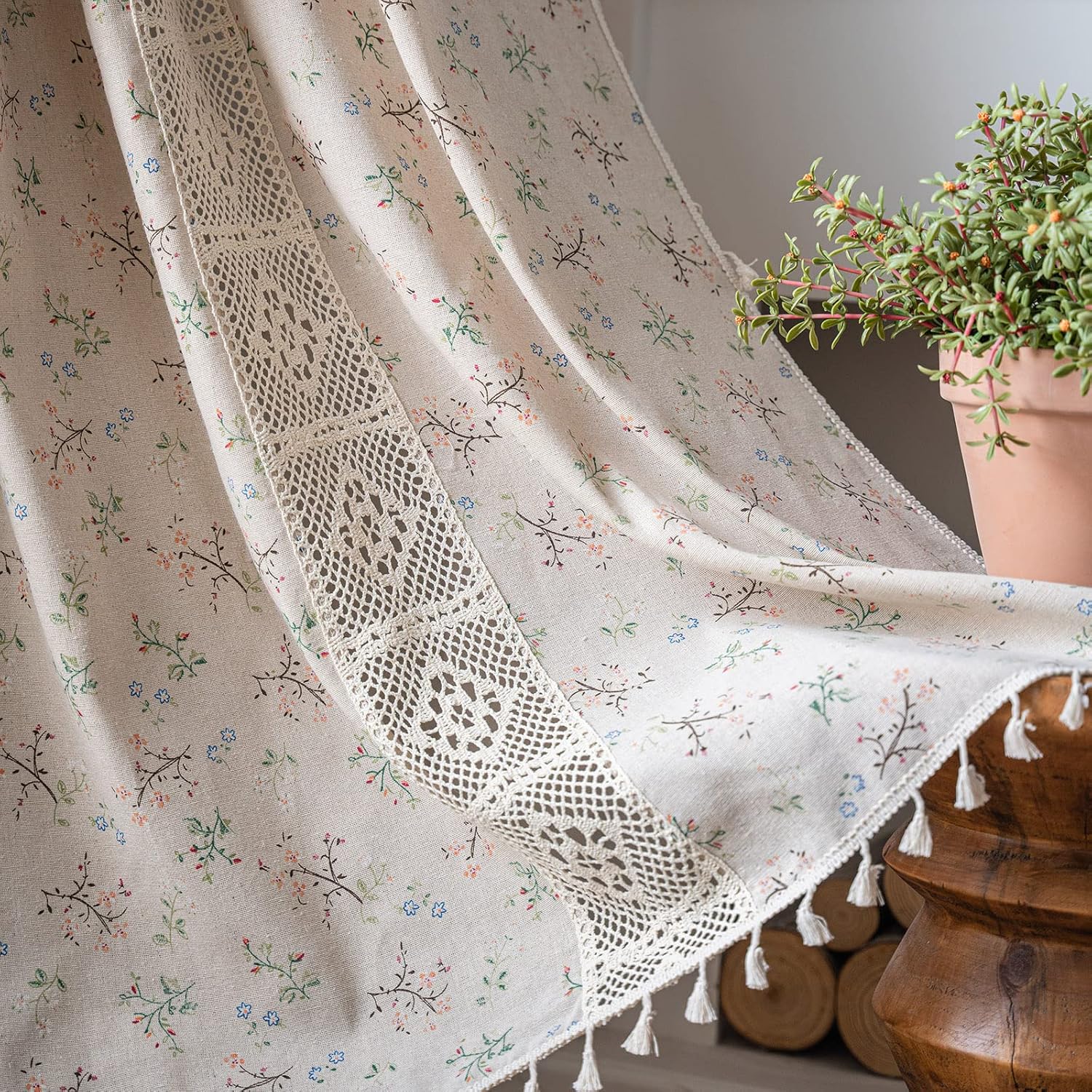 ENJOYBRIDAL Floral Bedroom Curtains 84 Inch Length 2 Panels Set Farmhouse Semi Sheer Living Room Drapes Cotton Linen Blend Bohemian Window Curtain Panels with Tassel Beige Rod Pocket Drapes