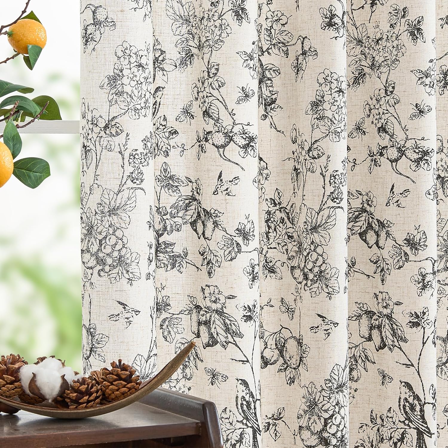 jinchan Linen Blend Curtain Floral Curtains for Living Room 108 Inch Length Black Printed Curtain Rod Pocket Back Tab Farmhouse Peony Flower Patterned Drapes Bedroom Window Curtains Set 2 Panels