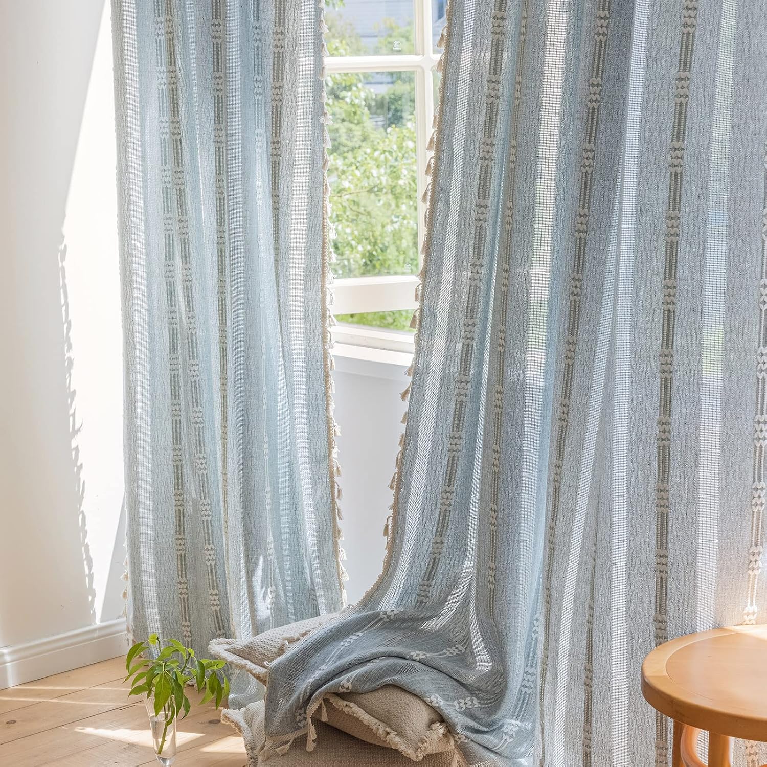 ENJOYBRIDAL Floral Bedroom Curtains 84 Inch Length 2 Panels Set Farmhouse Semi Sheer Living Room Drapes Cotton Linen Blend Bohemian Window Curtain Panels with Tassel Beige Rod Pocket Drapes