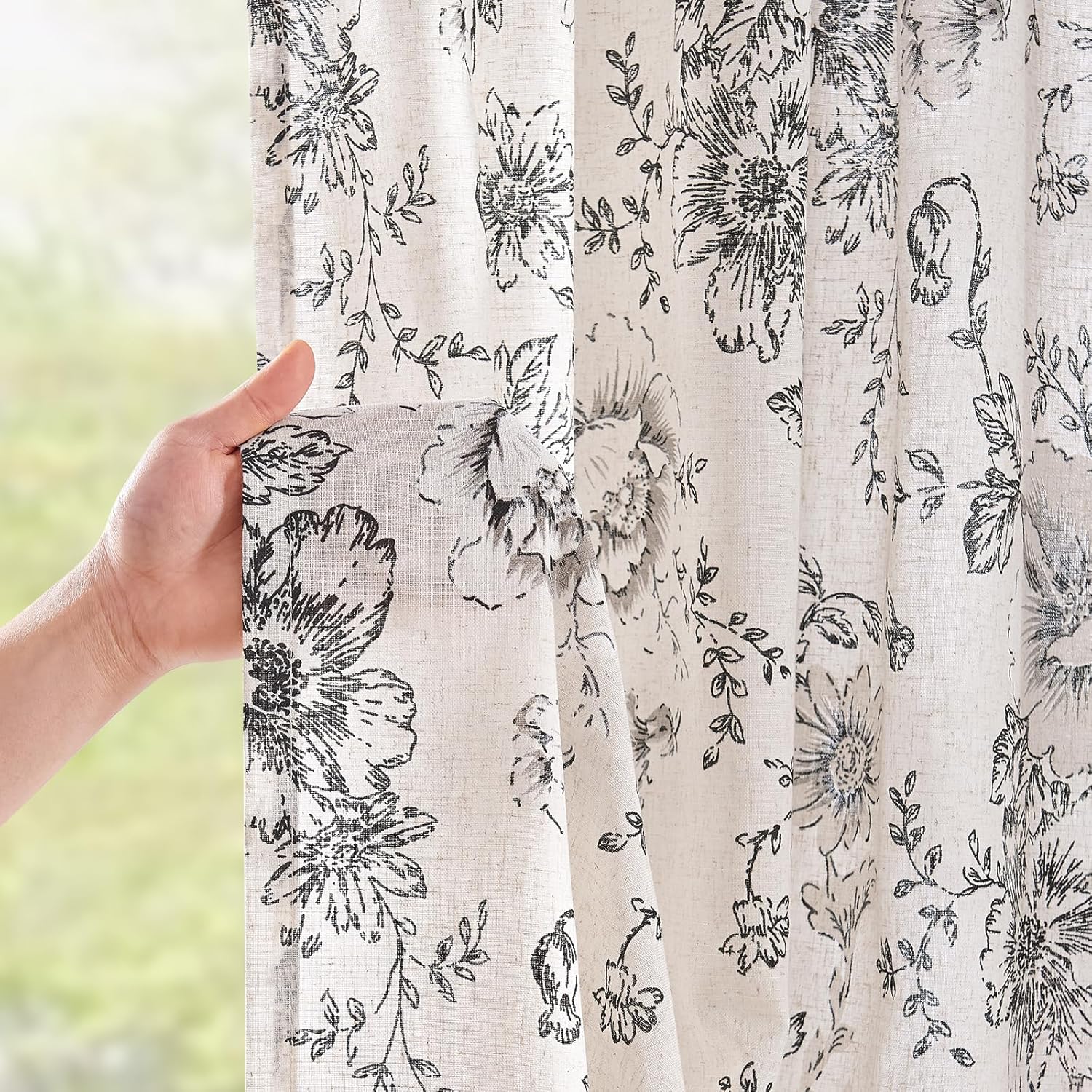jinchan Linen Blend Curtain Floral Curtains for Living Room 108 Inch Length Black Printed Curtain Rod Pocket Back Tab Farmhouse Peony Flower Patterned Drapes Bedroom Window Curtains Set 2 Panels