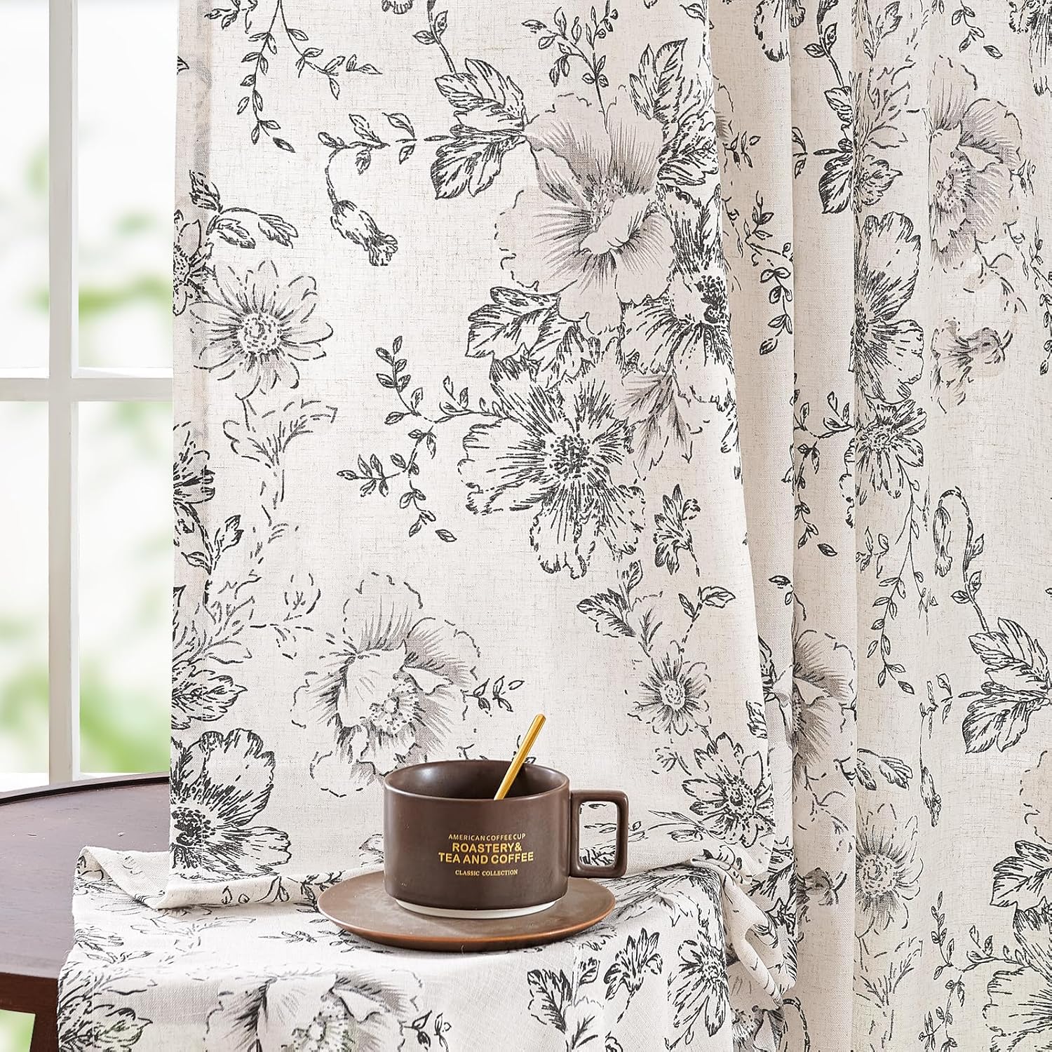 jinchan Linen Blend Curtain Floral Curtains for Living Room 108 Inch Length Black Printed Curtain Rod Pocket Back Tab Farmhouse Peony Flower Patterned Drapes Bedroom Window Curtains Set 2 Panels