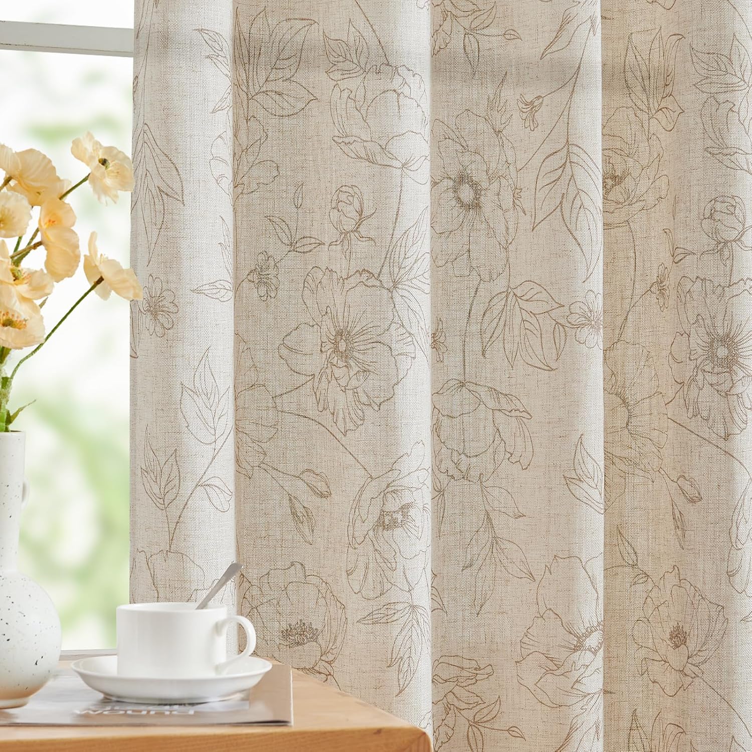 jinchan Linen Blend Curtain Floral Curtains for Living Room 108 Inch Length Black Printed Curtain Rod Pocket Back Tab Farmhouse Peony Flower Patterned Drapes Bedroom Window Curtains Set 2 Panels