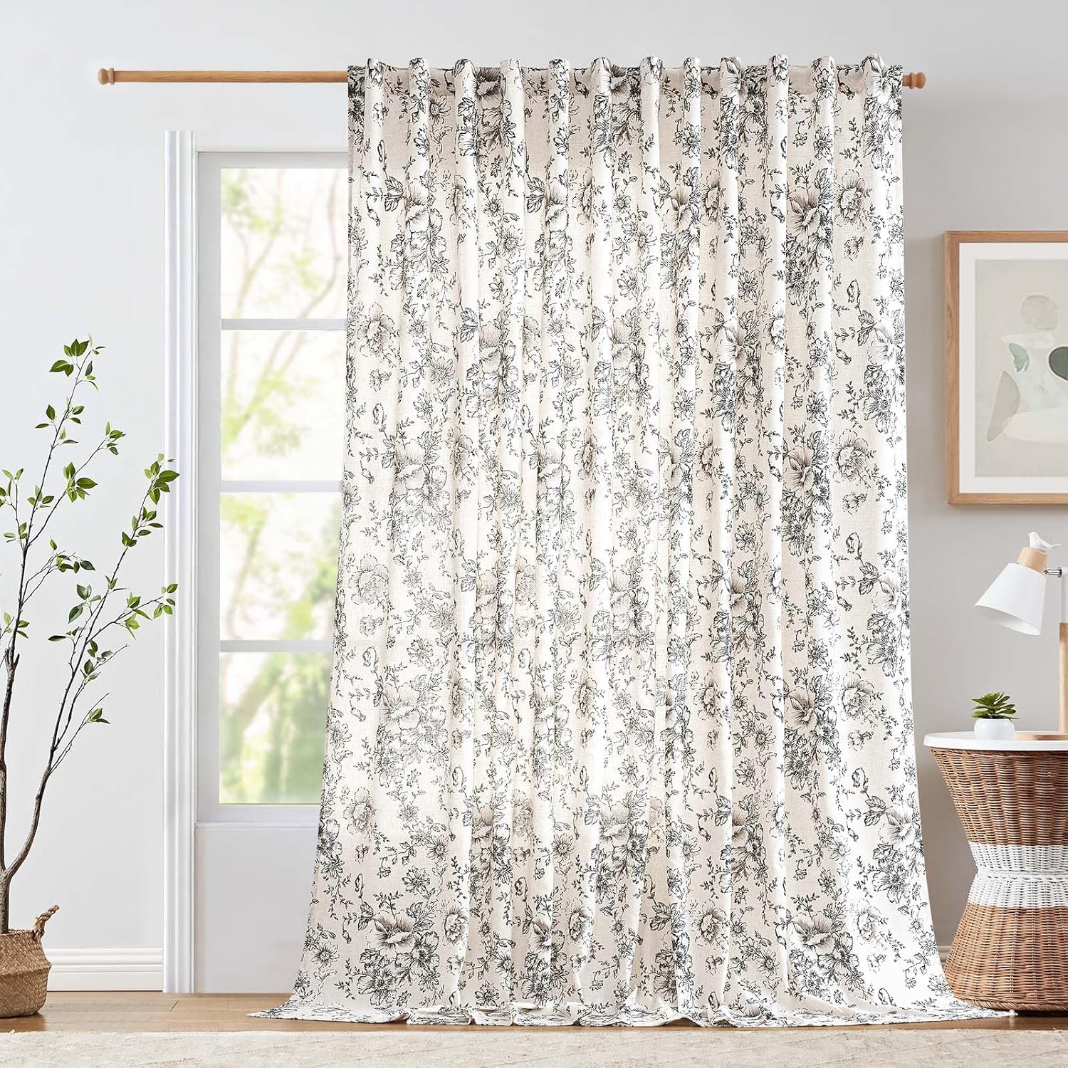 jinchan Linen Blend Curtain Floral Curtains for Living Room 108 Inch Length Black Printed Curtain Rod Pocket Back Tab Farmhouse Peony Flower Patterned Drapes Bedroom Window Curtains Set 2 Panels