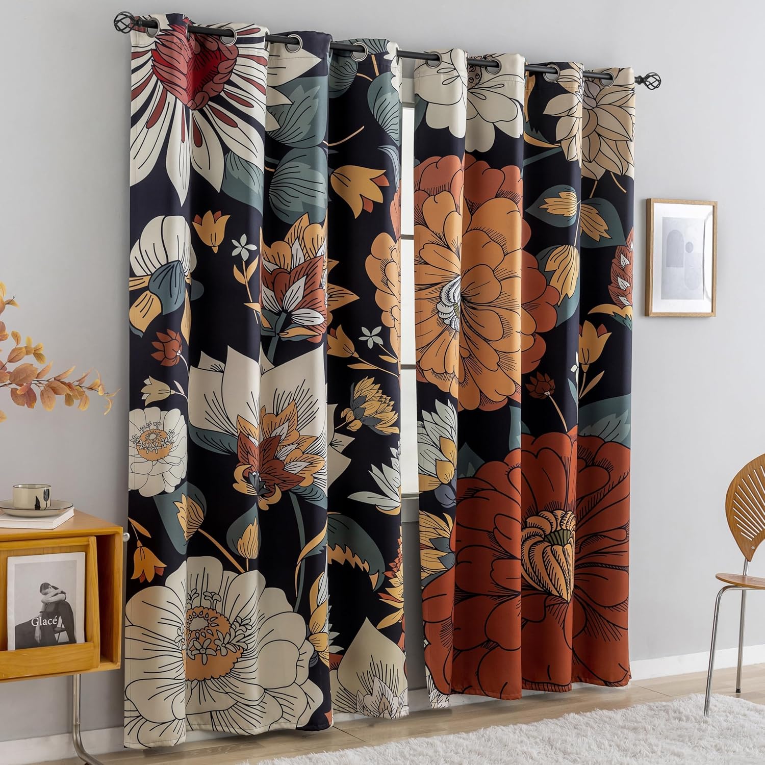 Black Boho Floral 100% Blackout Curtains for Bedroom 96 inch Long 2 Panels Mid Century Botanical Black Out Curtains for Living Room Grommet Thermal Insulated Room Darkening Window Drapes,52Wx96L