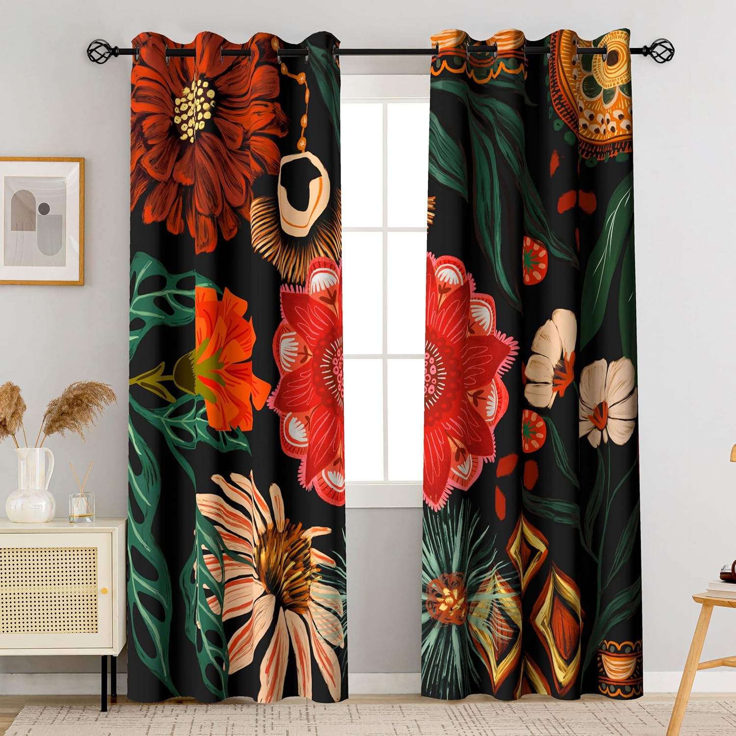 Black Boho Floral 100% Blackout Curtains for Bedroom 96 inch Long 2 Panels Mid Century Botanical Black Out Curtains for Living Room Grommet Thermal Insulated Room Darkening Window Drapes,52Wx96L