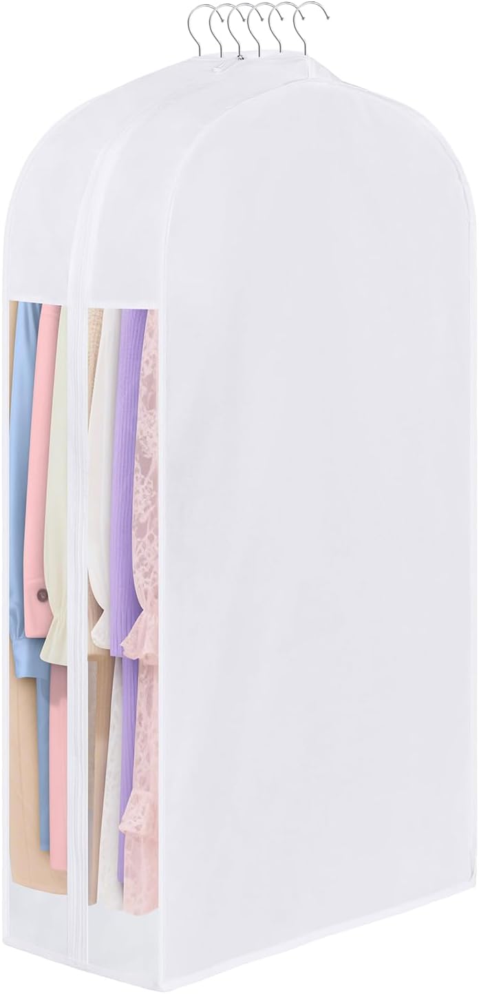 Kntiwiwo 43" Cotton Garment Bag for Hanging Clothes and Storage, Breathable Suit Bags for Closet Storage with 10" Gusseted & Large Clear Window for Suits, Short Dresses, Jackets, Sweaters, 3 Pack
