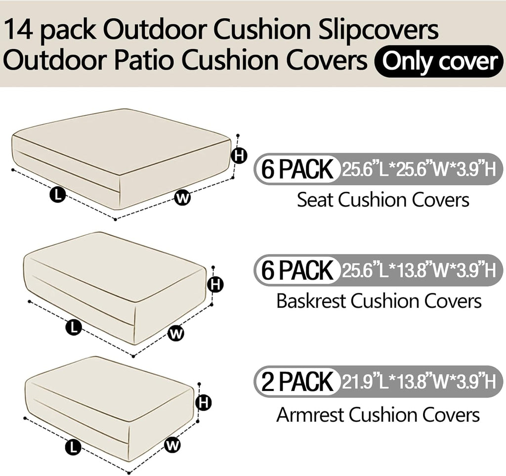 14Pieces Patio Cushion Covers Replacement Outdoor Couch Cushions Covers Splashproof Sofa Slipcovers Set with Zippers,Patio Furniture Protector Cover Only(Light Gray,25.6×25.6×3.94inches)