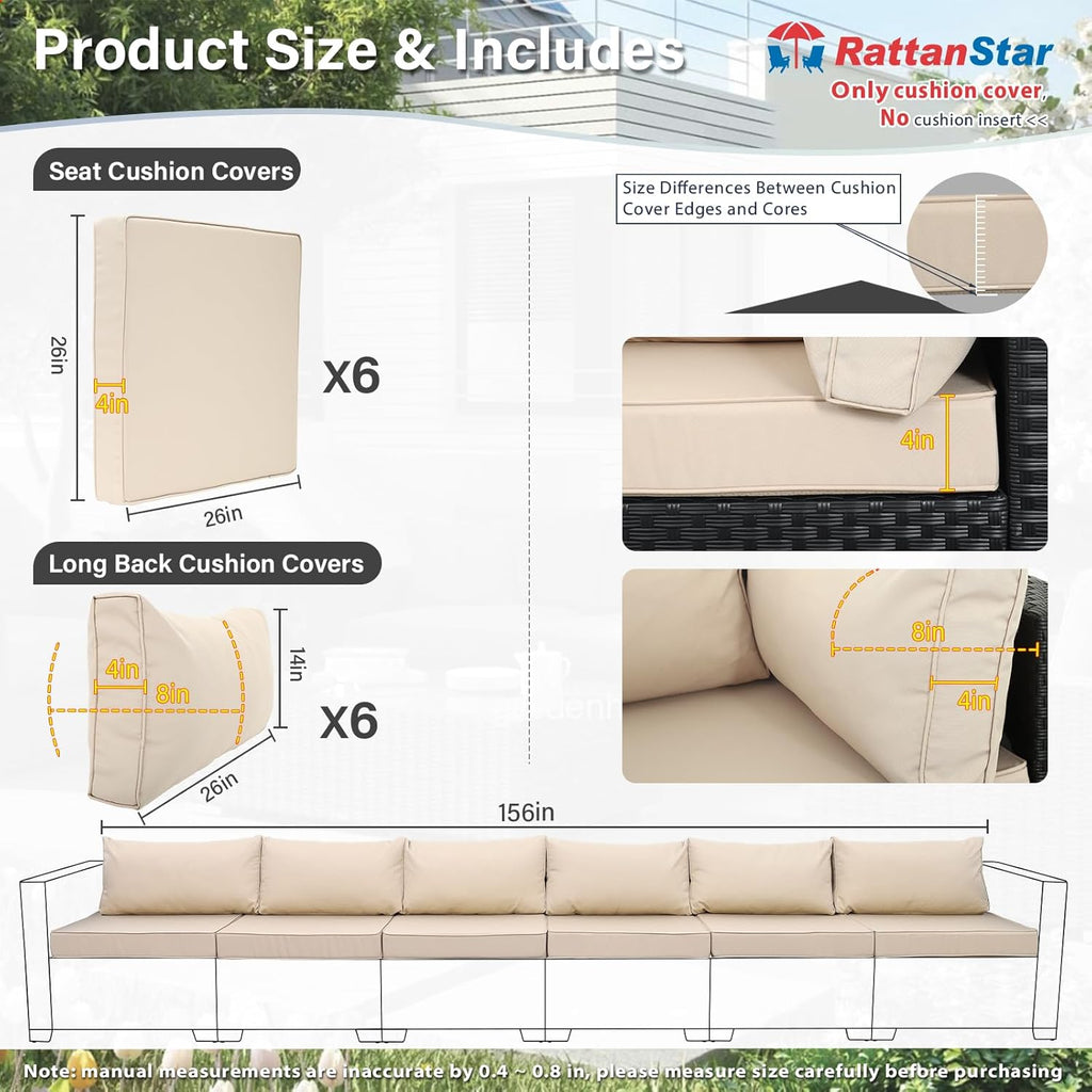 Patio Furniture Set Cushion Covers Outdoor Sectional Sofa Waterproof Square Couch Cushion Covers Outdoor Cushion Slipcovers Replacement for Outdoor Furniture, Non-Slip, Khaki