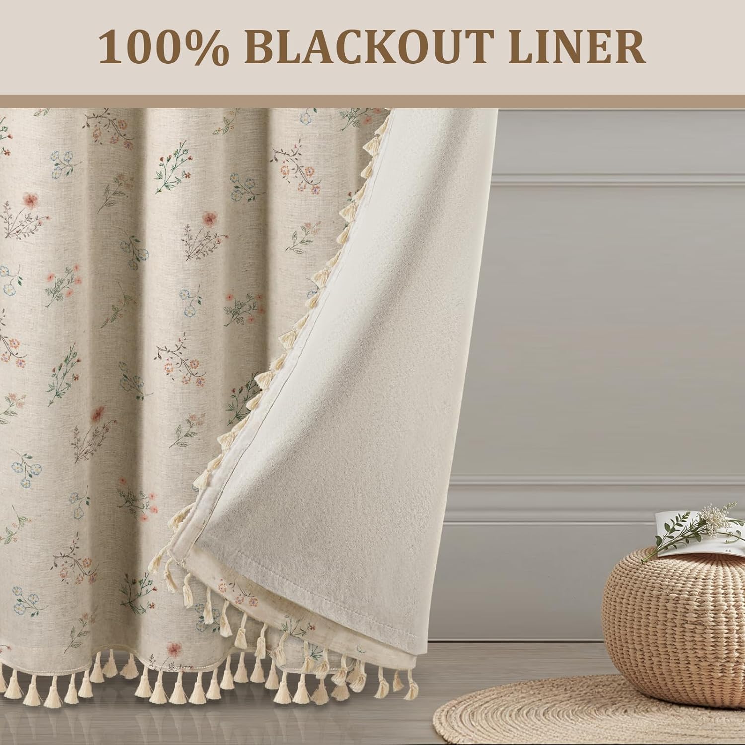 Boho Floral 100% Blackout Curtains 84 Inch Length 2 Panels Set, Linen Texture Farmhouse Curtains Beige Tassel for Living Room Bedroom Vintage Rustic Patterned Printed Western Rod Pocket