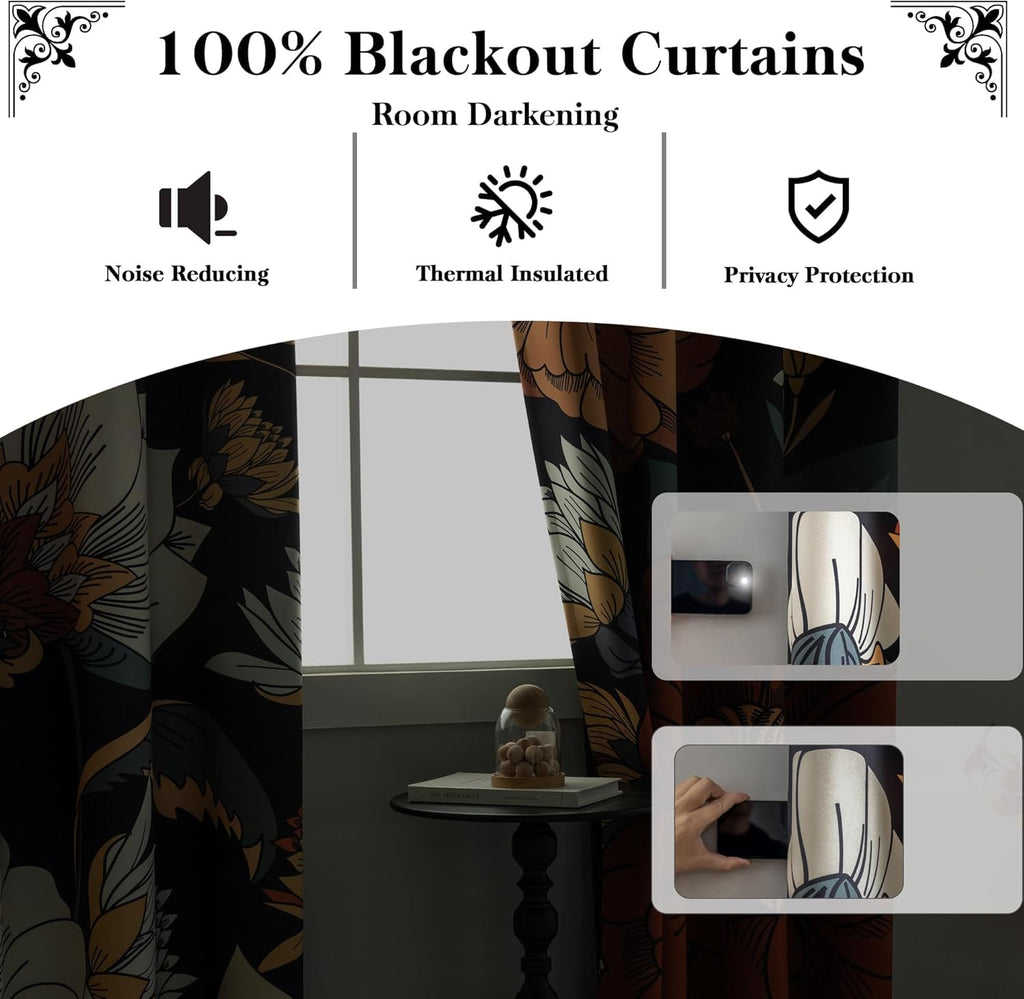 Black Boho Floral 100% Blackout Curtains for Bedroom 96 inch Long 2 Panels Mid Century Botanical Black Out Curtains for Living Room Grommet Thermal Insulated Room Darkening Window Drapes,52Wx96L