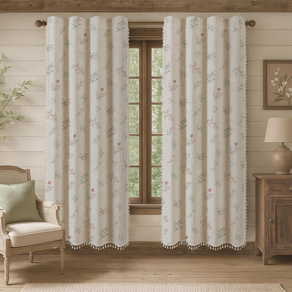 Boho Floral 100% Blackout Curtains 84 Inch Length 2 Panels Set, Linen Texture Farmhouse Curtains Beige Tassel for Living Room Bedroom Vintage Rustic Patterned Printed Western Rod Pocket