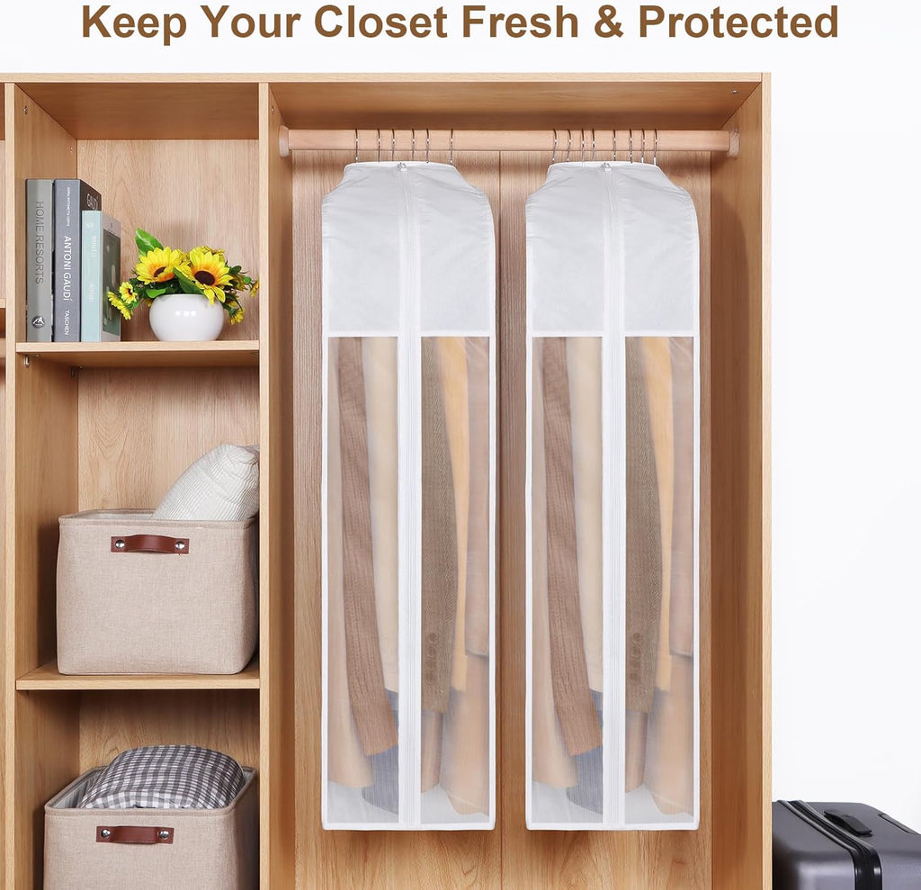 Kntiwiwo 43" Cotton Garment Bag for Hanging Clothes and Storage, Breathable Suit Bags for Closet Storage with 10" Gusseted & Large Clear Window for Suits, Short Dresses, Jackets, Sweaters, 3 Pack