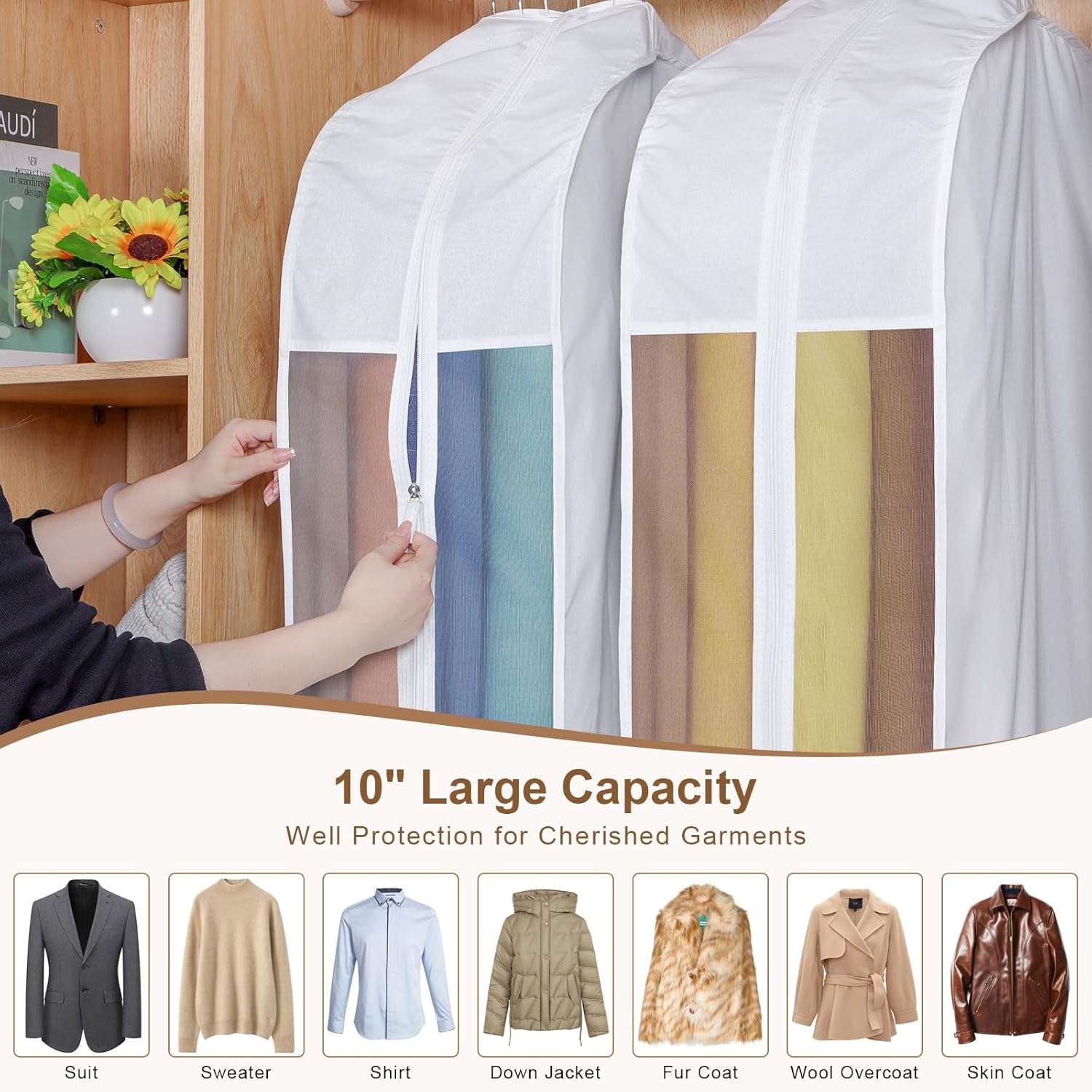 Kntiwiwo 43" Cotton Garment Bag for Hanging Clothes and Storage, Breathable Suit Bags for Closet Storage with 10" Gusseted & Large Clear Window for Suits, Short Dresses, Jackets, Sweaters, 3 Pack