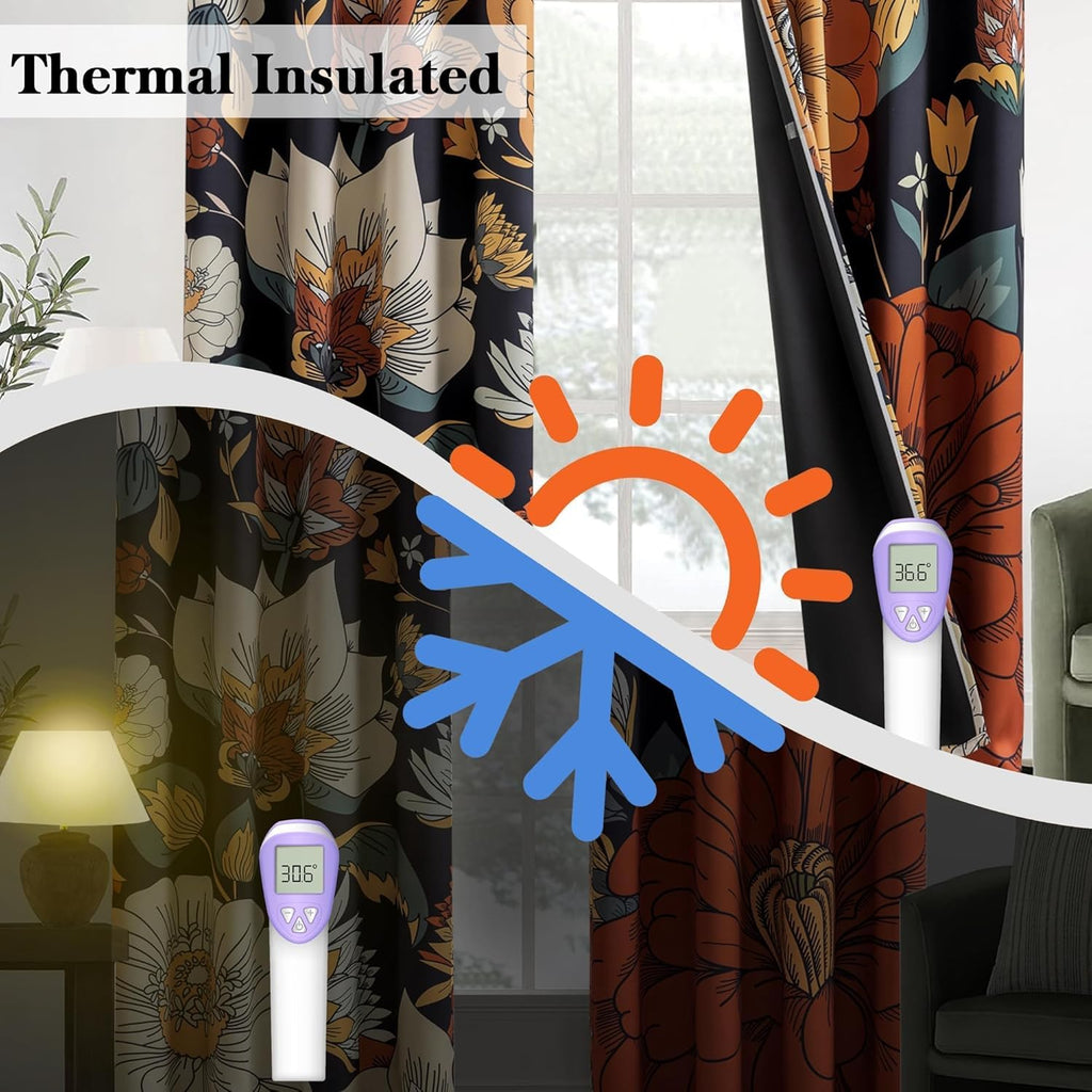 Black Boho Floral 100% Blackout Curtains for Bedroom 96 inch Long 2 Panels Mid Century Botanical Black Out Curtains for Living Room Grommet Thermal Insulated Room Darkening Window Drapes,52Wx96L