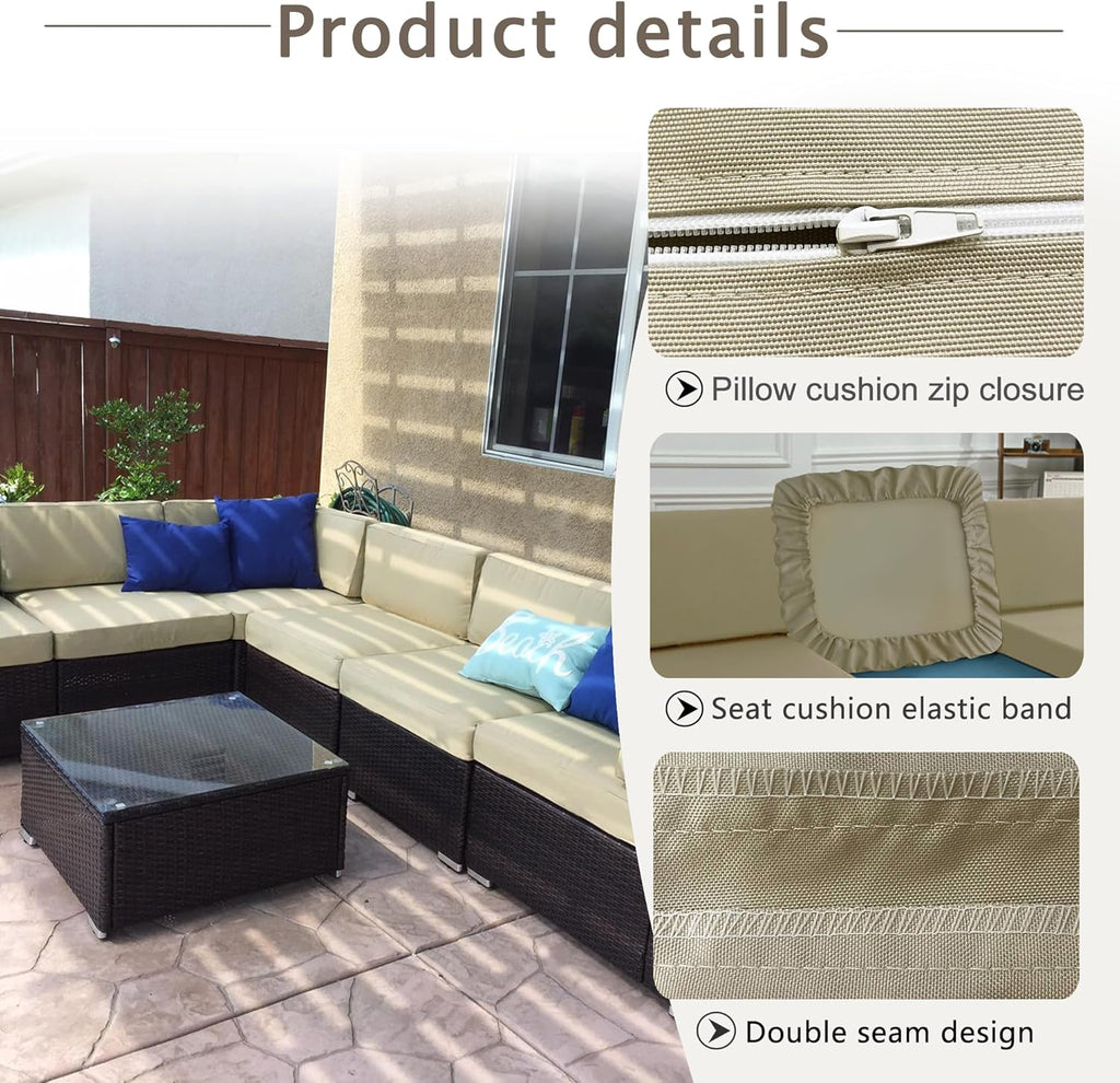 Sqodok Outdoor Cushion Covers 14Pcs Patio Cushion Slipcovers, Replacement Waterproof for 6-Seaters Sofa, Outdoor Furniture Cushion Slipcovers Set Seat and Back, Covers Only, Tan