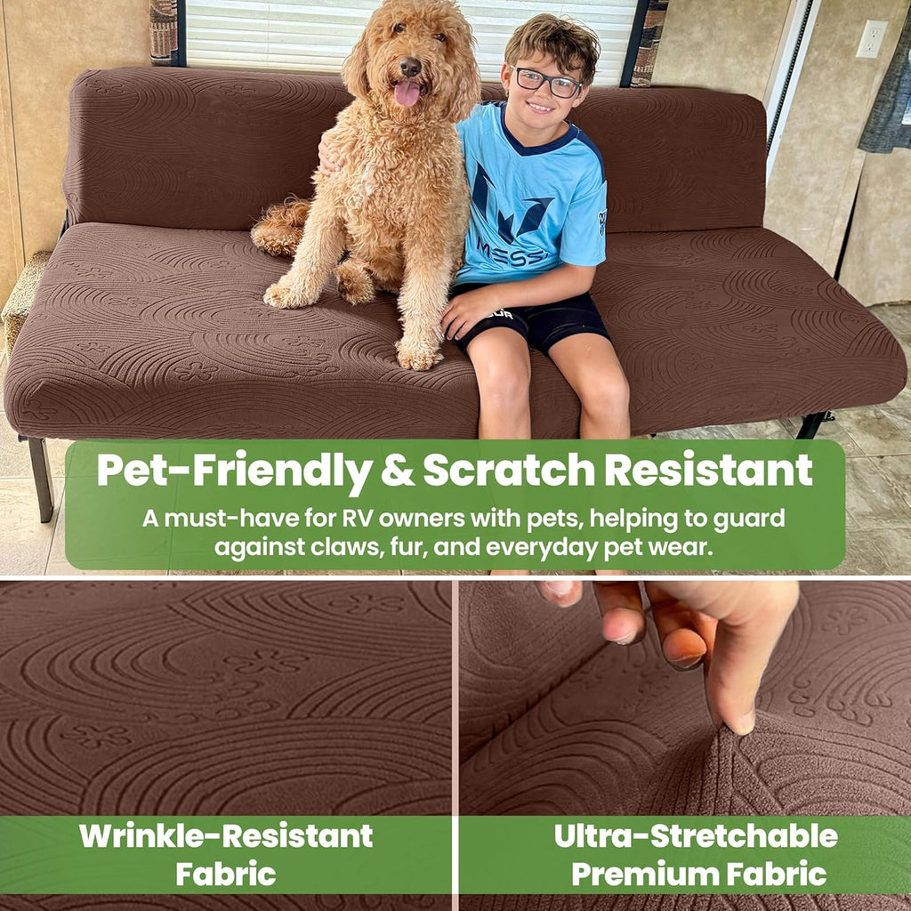 Hudson Comfort RV Couch Covers for Sofa Bed – 2-Piece Backrest and Seat Covers Ideal for Jackknife – Camper Slip Covers for RV Furniture – Super Stretchable Fabric with 1cm Elastic (Chocolate)