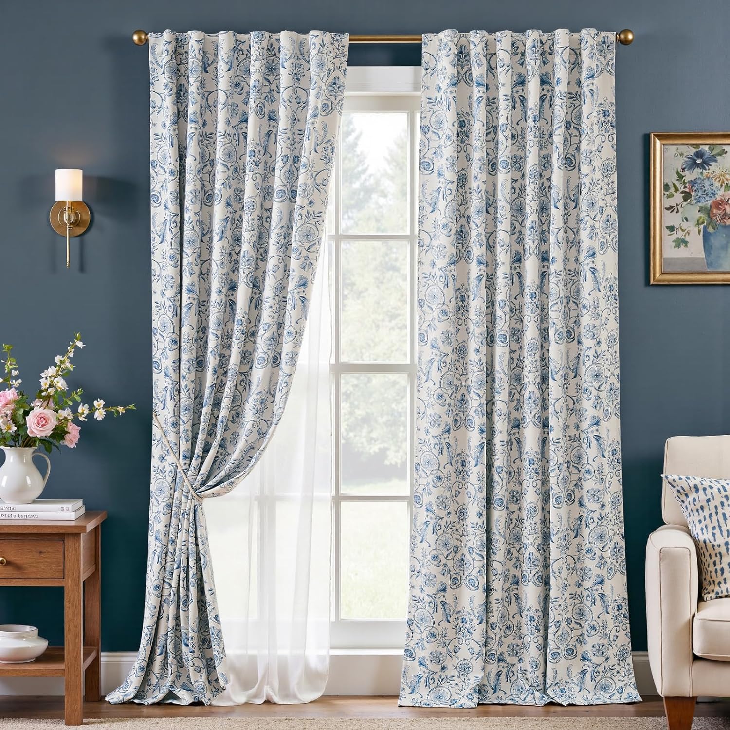 jinchan Floral Blackout Curtains for Bedroom Living Room 84 Inches Length Farmhouse Curtains Room Darkening Vintage Drapes Traditional Rod Pocket Window Treatment 2 Panels Set Sage Green on Beige