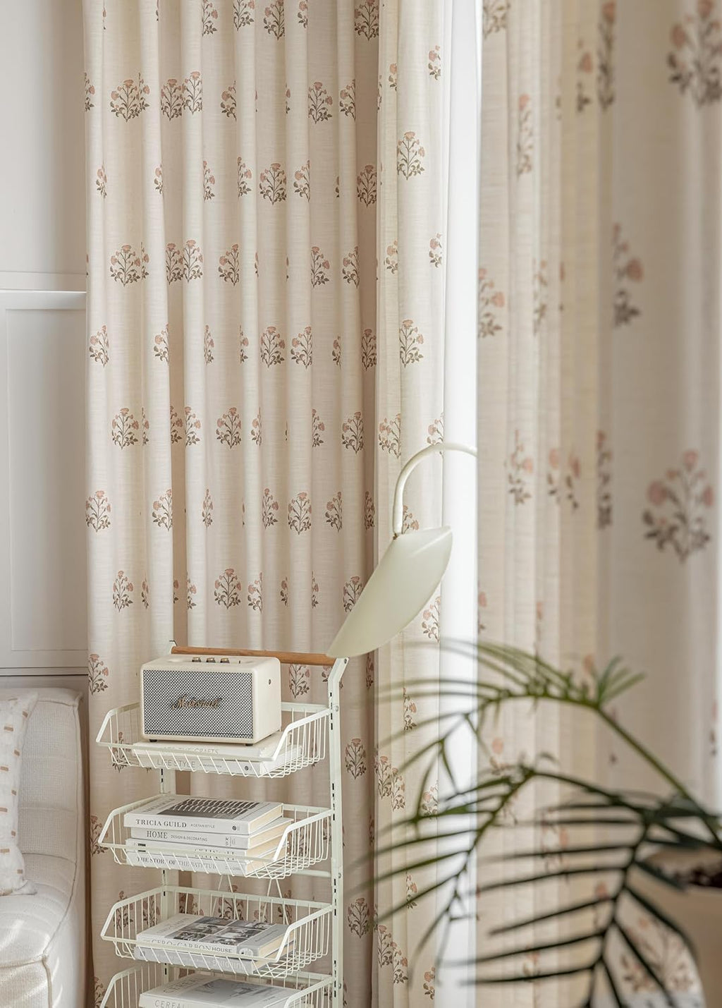 Linen Blend Pinch Pleated Curtains for Living Room, Bedroom, Dining Room - Light Filtering Curtains 2 Panels Set - Luxury and Modern Floral Printed Design - Beige White, 30" W x 96" L