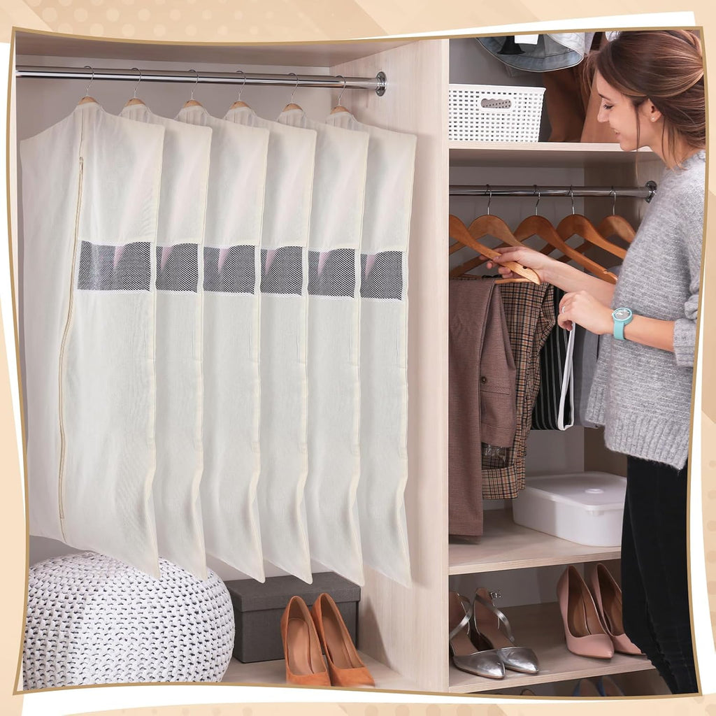 Aliceset 6 Pcs 24 x 40 Inches Cotton Garment Bags for Hanging Clothes, Canvas Suit Bags for Clothes Coats Jackets Shirts Closet Storage Travel Gusseted Hanging Garment Cover